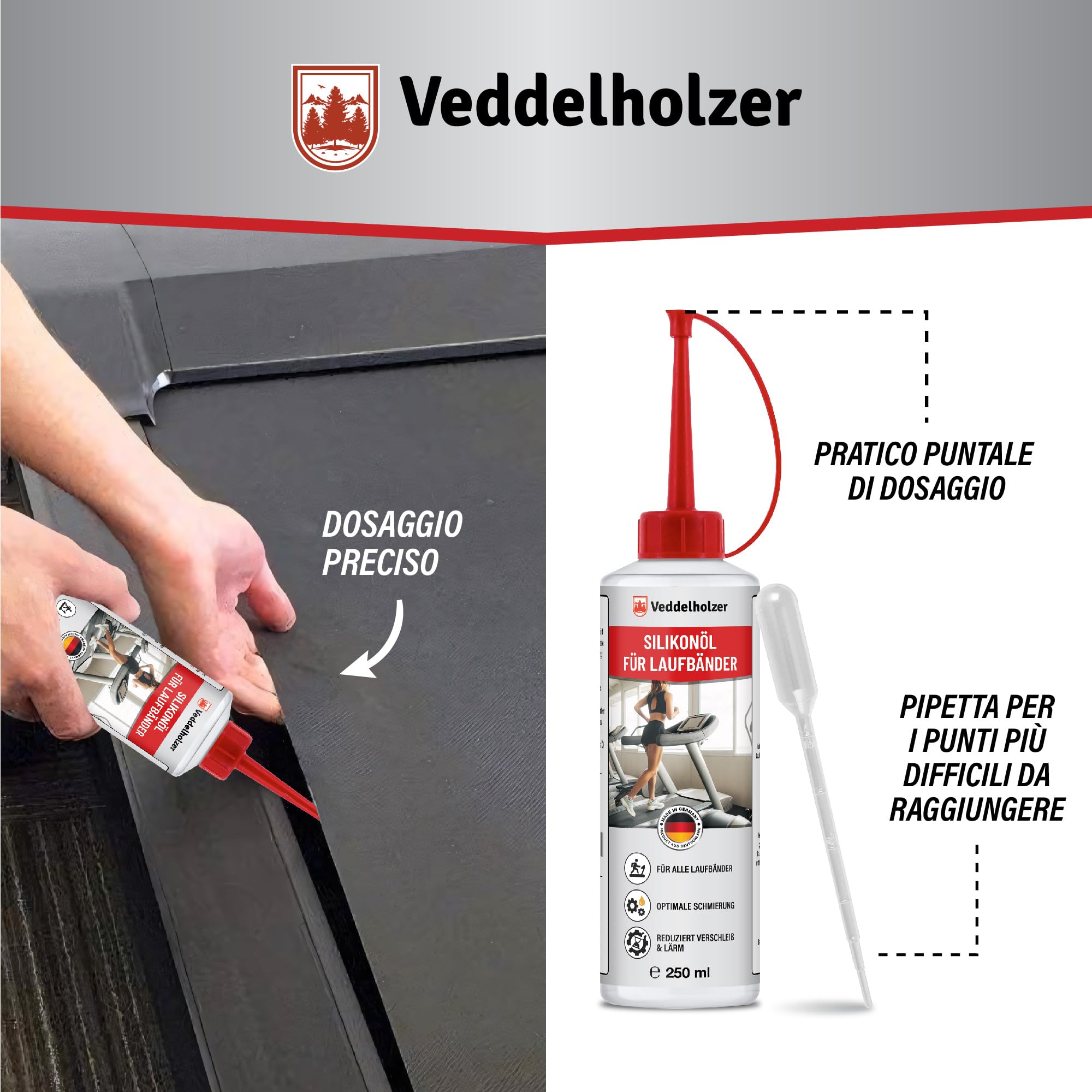 Veddelholzer 250 ml 100% olio di silicone puro tapis roulant con tappo dosatore e pipetta per casa, palestra, tapis roulant, olio universale per tapis roulant, Cross Trainer, Spinning Bike e altri