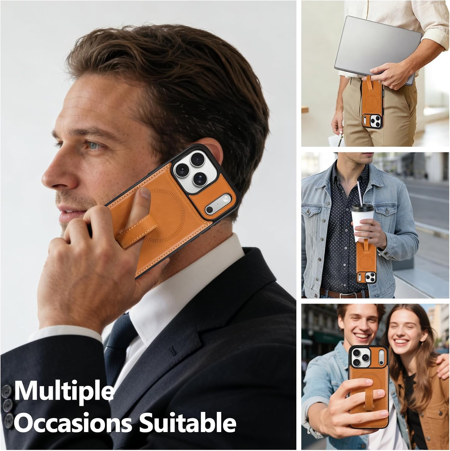 AIGOMARA Magnetic for iPhone 17 Pro Case Leather with Finger Strap, Compatible with Magsafe, Slim Luxury PU Non-Slip Grip Rugged Bumper Protective Shockproof Phone Cover, Brown