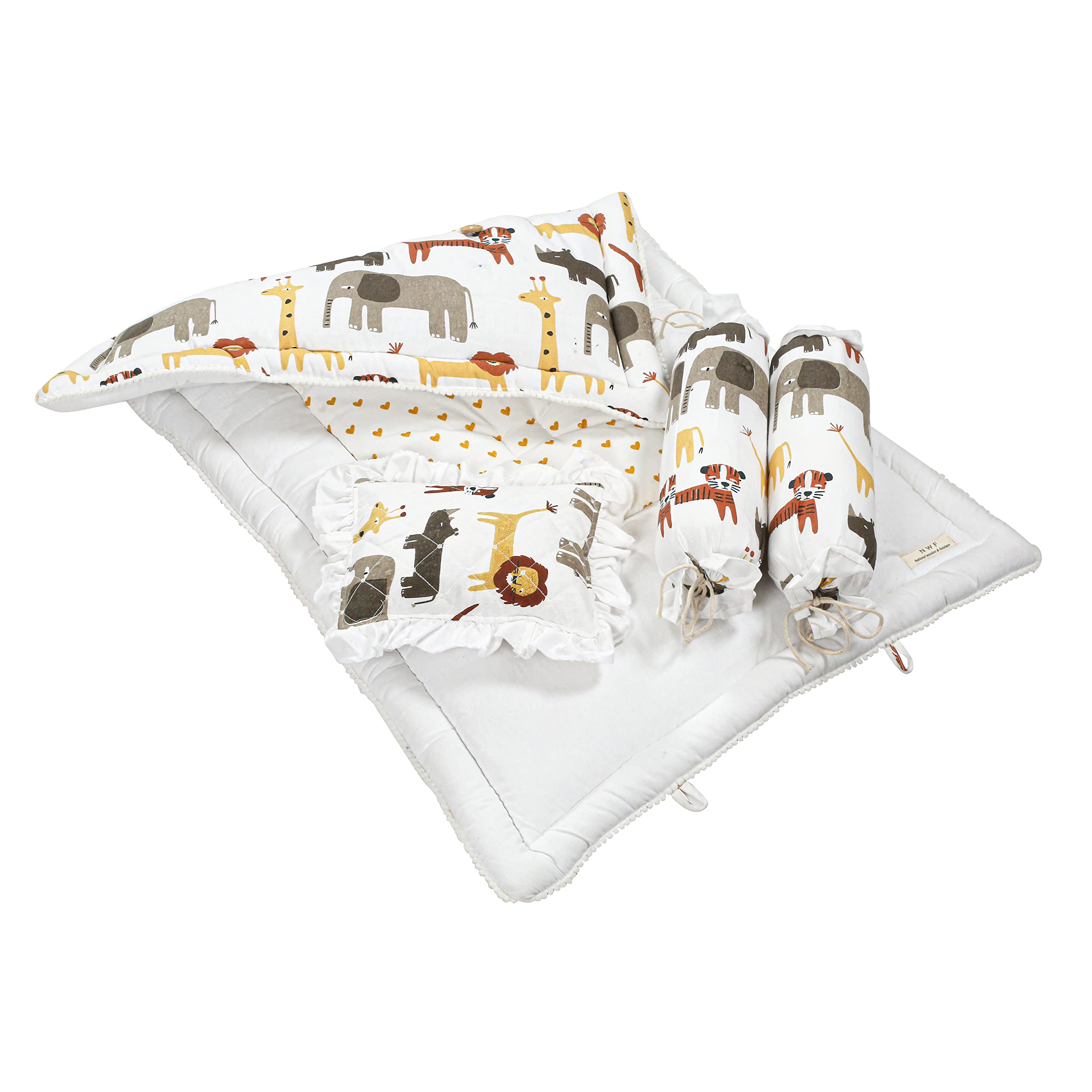 NWF Pack of 4 – Unisex Baby Bedding Set | 100% Cotton Mattress, Pillow & Bolsters | Daytime Use | 26x40 Inches | Animal Print | 0–24 Months - Image 2 thumbnail