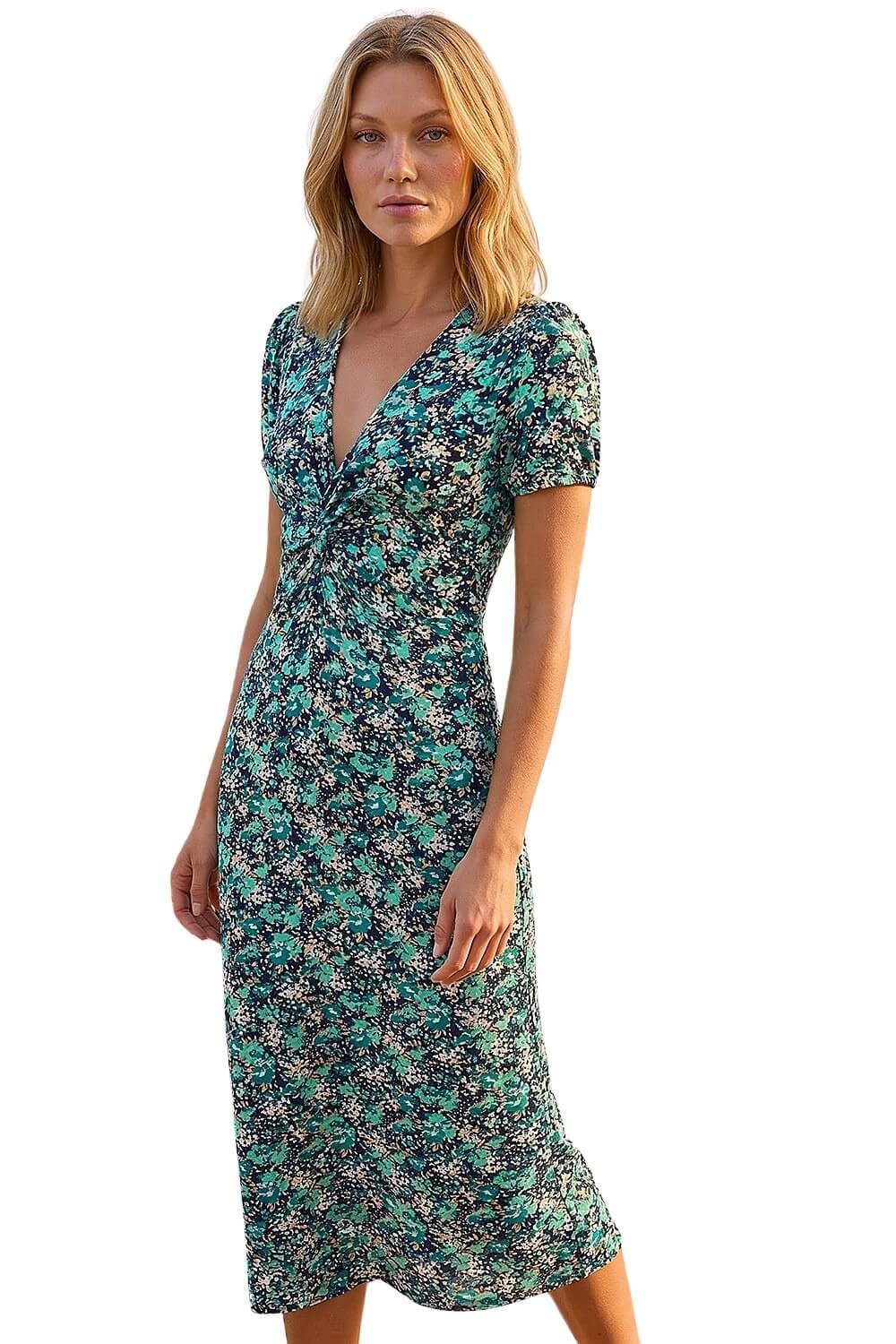 Roman Originals Women's Floral Navy Maxi Dress For Uk Twist Knot Front Empire Waist Summer Party Casual Holiday Bohemian Beach Cruise Evening Long Sleeveless V Neck Jersey