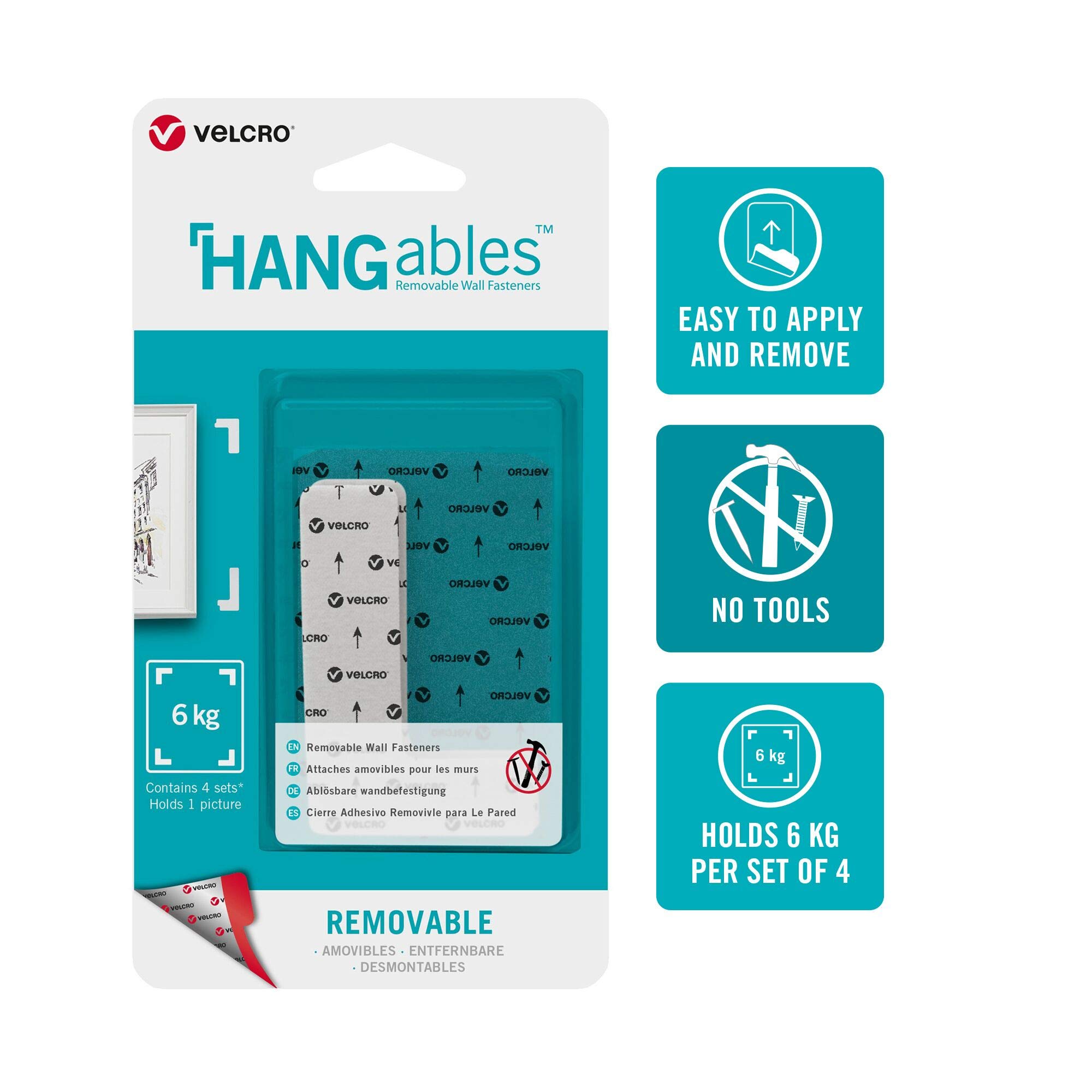 VELCRO Brand Picture Hanging Strips | 4 Sets Corner Shape | Holds up to 13 Pounds | Removable Damage Free Decorating | HANGables VEL-30126-WEU