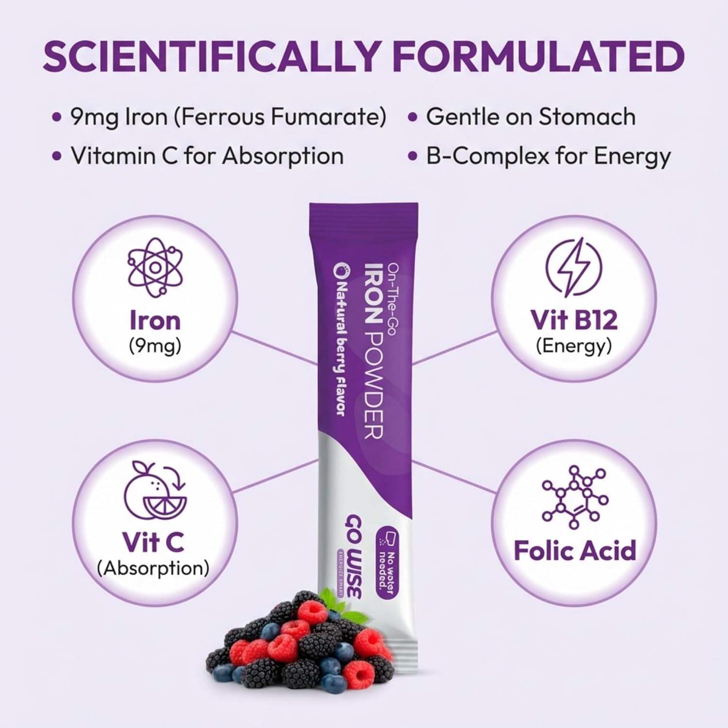 Go Wise Gentle Iron Powder Supplement No Water | with Vitamin C, B6, B12 & Folic Acid | Supports Low Ferritin, No Metallic Taste | Vegan Iron Supplement for Women, Men & Bariatric |28 Packs