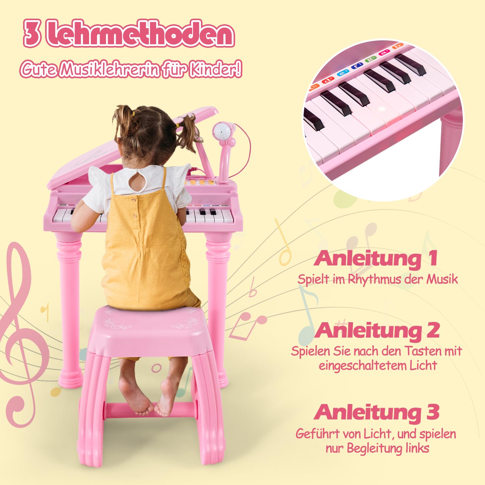 GOPLUS 31 Tasten Kinder Keyboard mit Hocker, Klaviertastatur mit Mikrofon, LED-Licht & MP3-Schnittstelle, E-Piano mit 3 Lehrmodi, 22 Demos, 4 Rhythmen, Aufnahme & Wiedergabe für Kinder (Rosa)