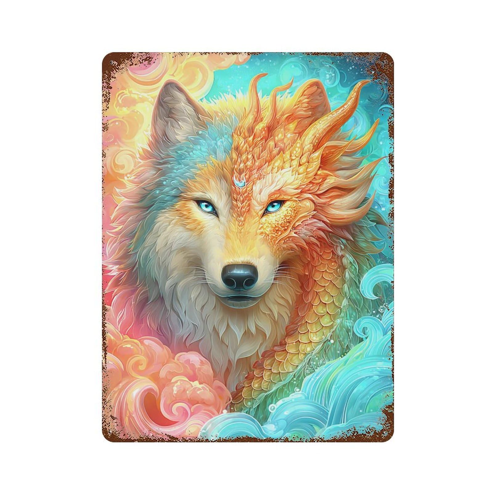 Garage Style Fantasy Wolf Dragon Art Print Rusty Metal Tin Sign 15.7"x11.8", Classic Wall Plaque for Bar And Workshop