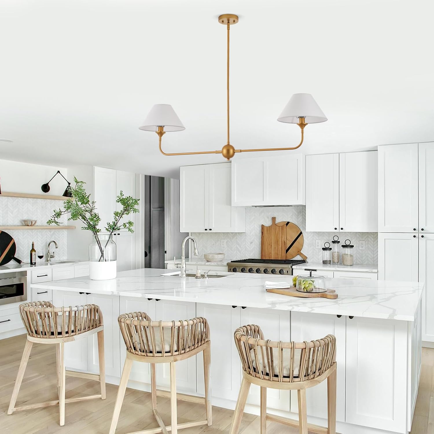 Modern Linear Chandeliers for Dining Room, Gold Island Light Fixtures with Off-White Fabric Shade, Rustic Linear Pendant Light for Kitchen