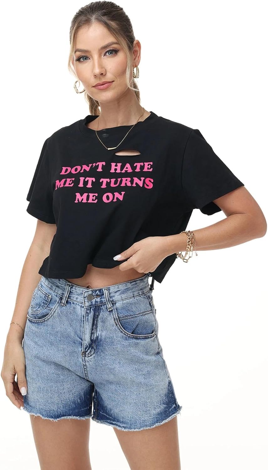 Women Short Sleeve Cutout Tee Shirt Graphic Distressed Crop Top Loose Fit Crewncek Plus Size Tops - Image 3