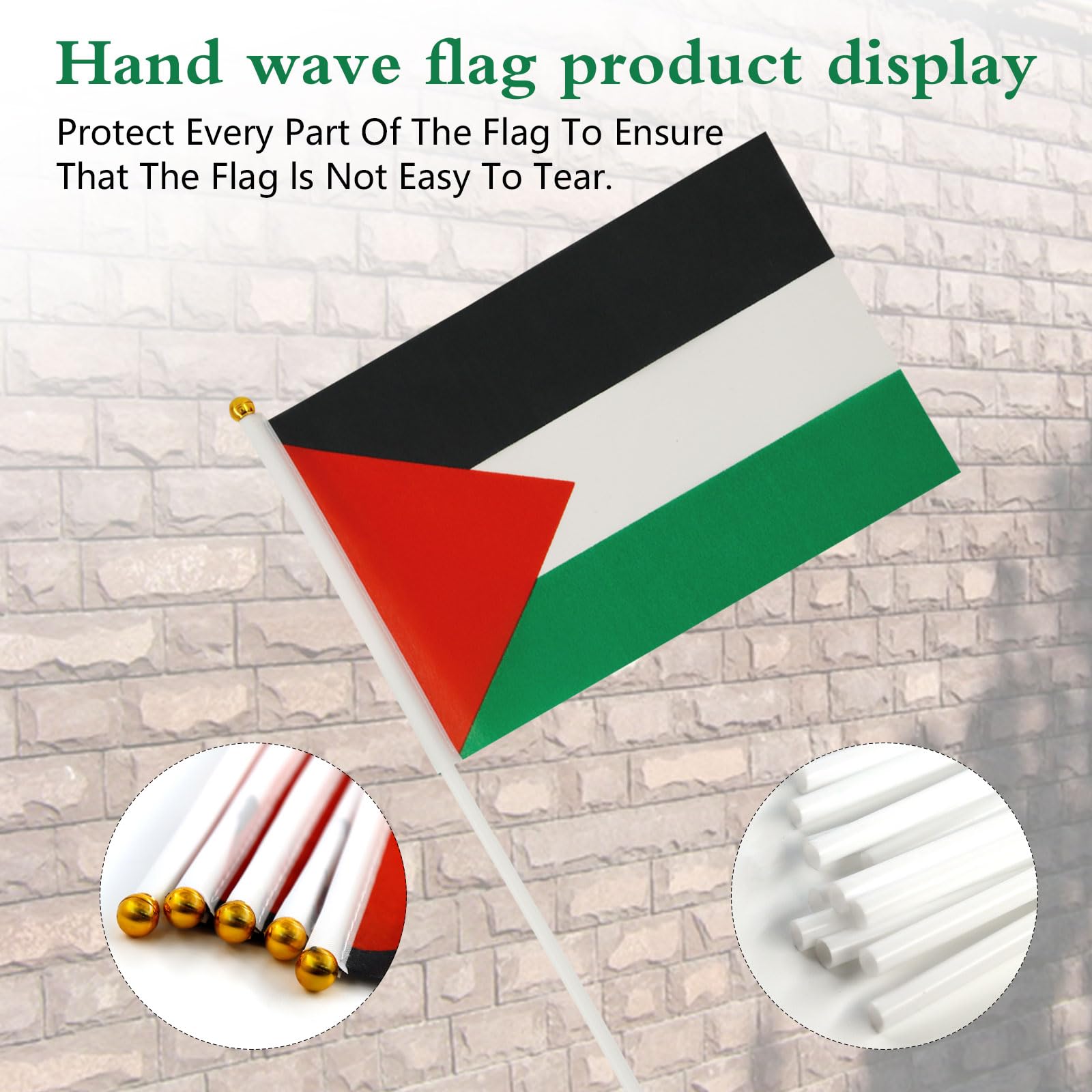 Bandiera Palestina Piccole 20x14.5 cm con Asta, Adesivi Palestina Cuore 4x3.5 cm, Decorazione