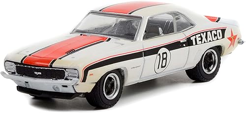 Miniatura 2 de 1969 Chevy Camaro RS #18 Blanco con rayas (versión sucia) Corriendo en modelo de auto fundido a presión Serie 14 1/64 por Greenlight 41140 B