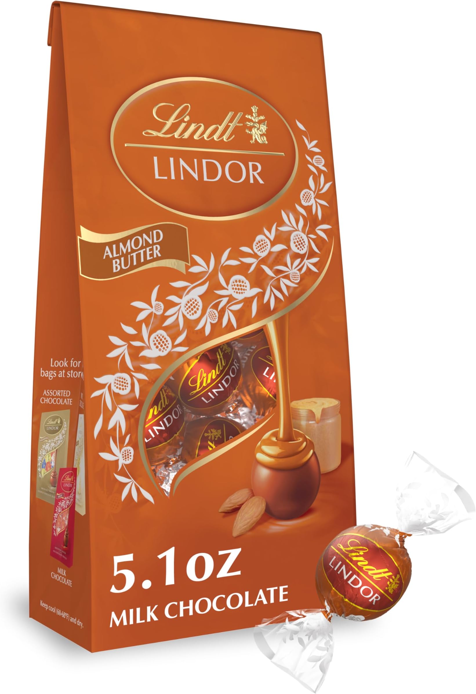 LINDOR Almond Butter Milk Chocolate Candy Truffles, Milk Chocolate With Almond Butter, Great for Gift Giving, 5.1 oz. Bag (6 Pack)