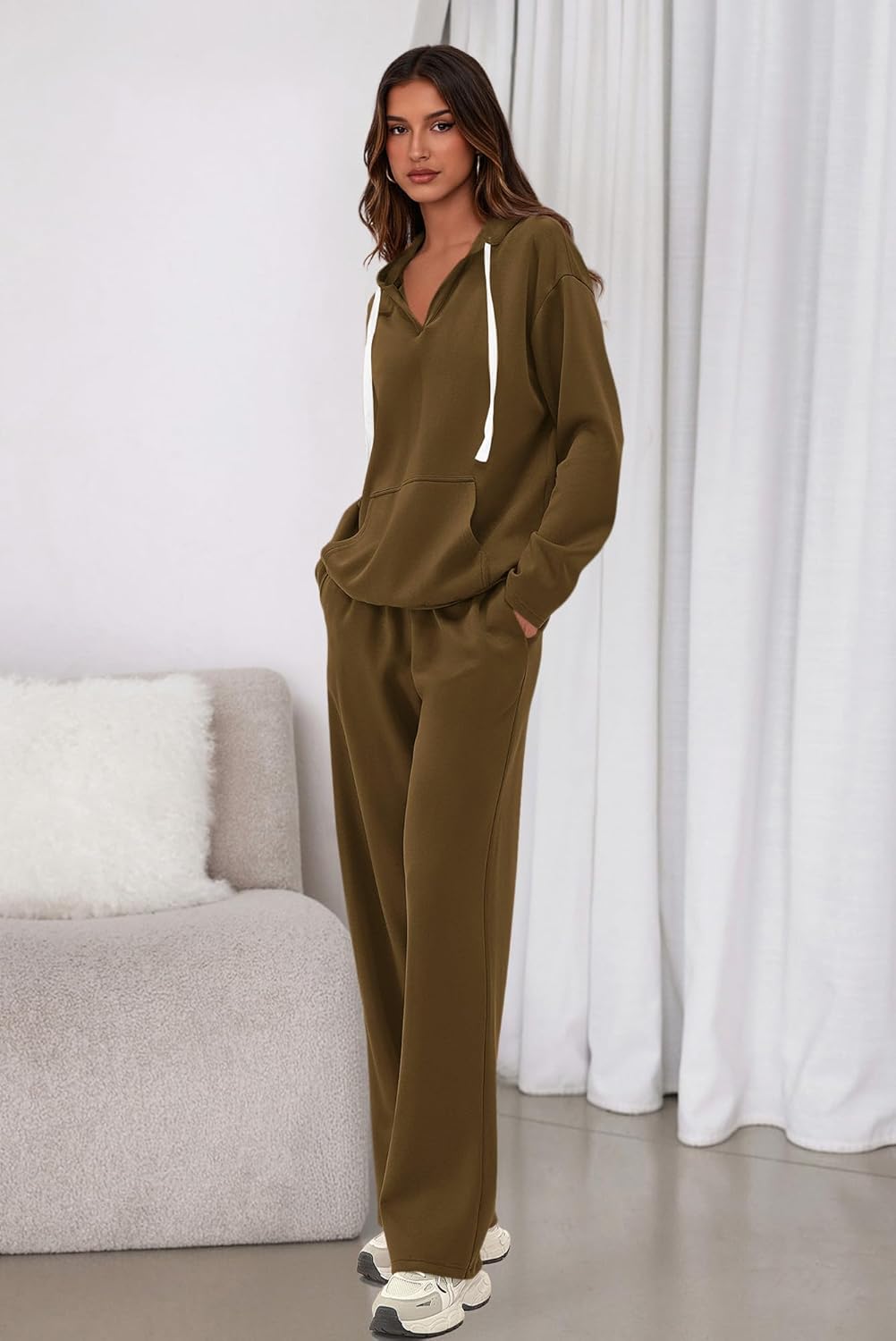 PRETTYGARDEN Womens 2 Piece Outfits Fall Sweatsuits Oversized V Neck Hoodie Wide Leg Sweatpants Travel Tracksuit Lounge Sets - Image 4