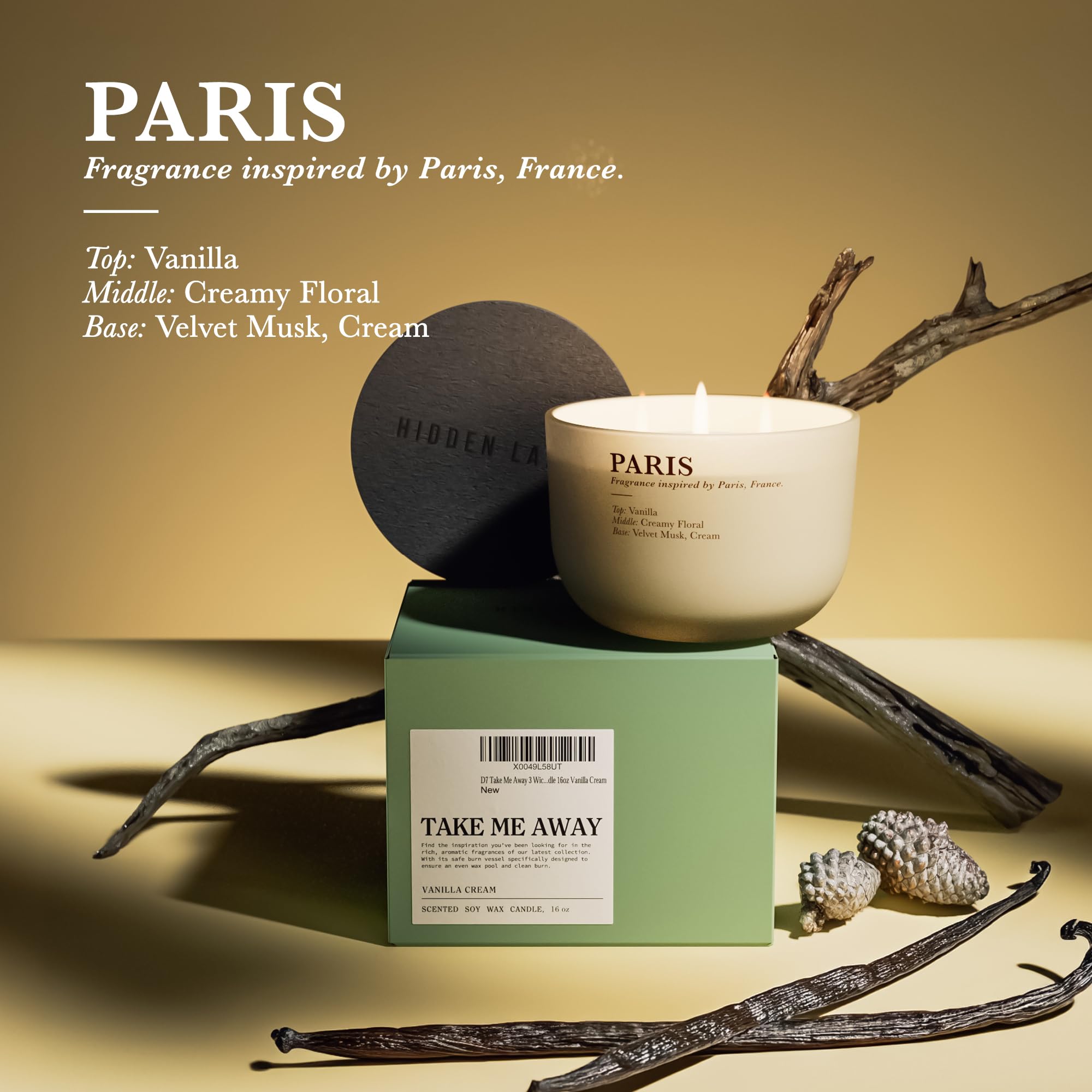 Hidden Label Vanilla Cream Home Scented Candles, Large 3 Wick Natural Soy Candles, 16oz