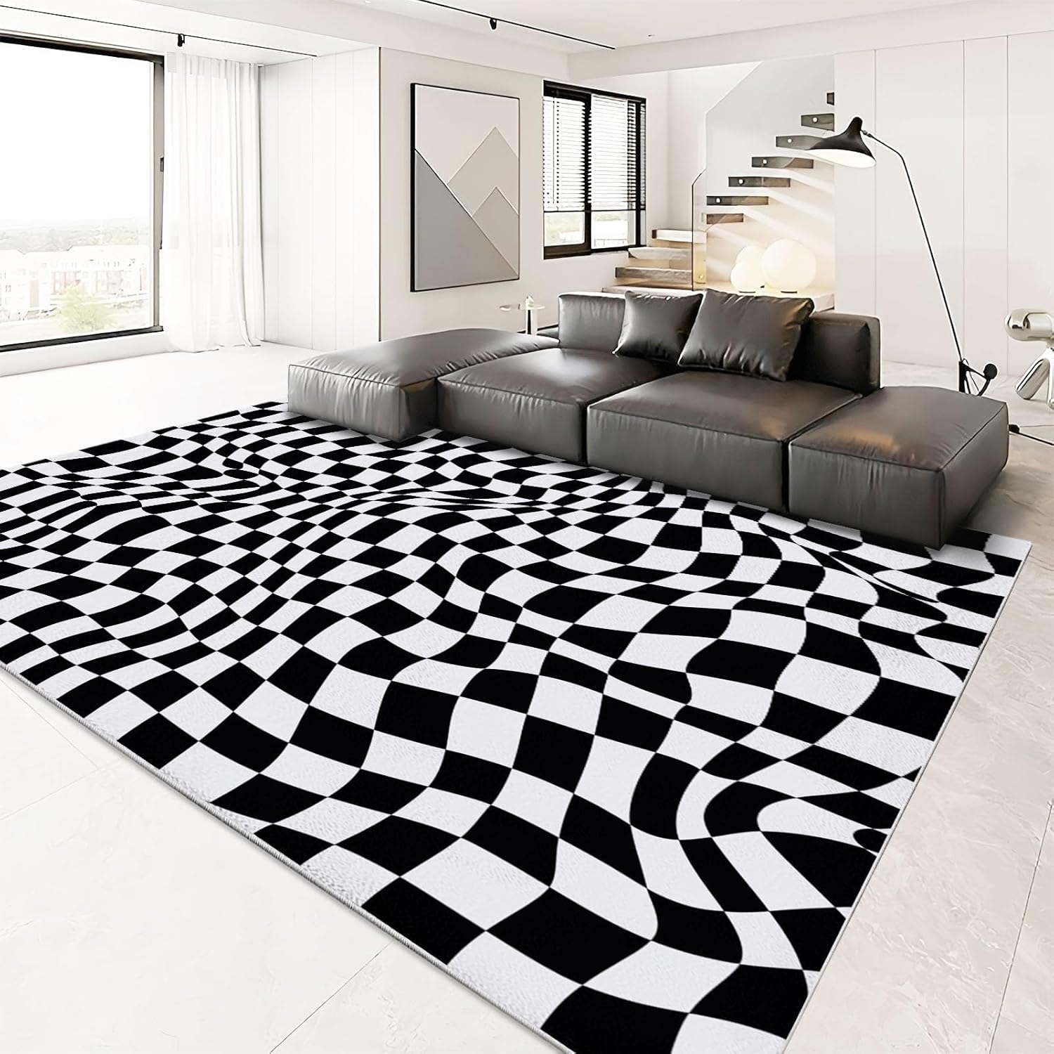 2 x 3 Area Rug Living Room Rugs - Washable Wavy Squares Soft Fluffy Non Slip Rug Low Pile Carpet for Bedroom Classroom Laundry Room Decor Indoor- Optical Illusion Effect