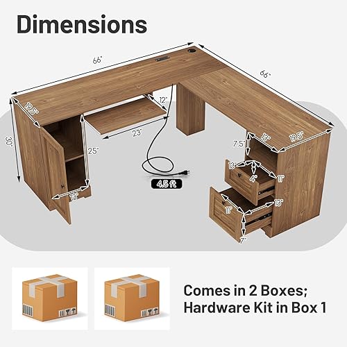 Miniatura 3 de Tangkula Escritorio de oficina en forma de L de 66 x 66 pulgadas con bandeja para teclado, amplio escritorio de esquina para computadora con cajones