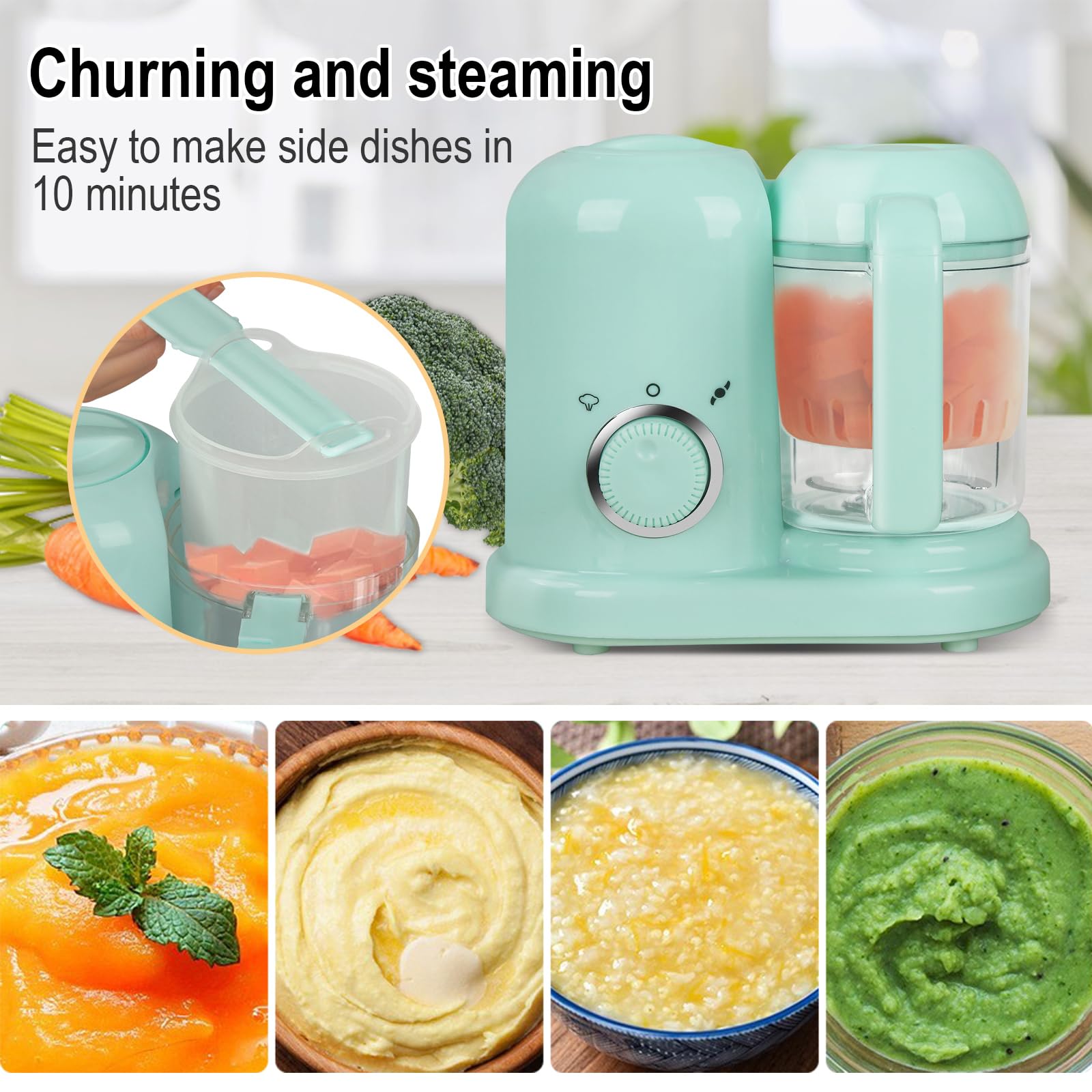 Robot multifunzione 4 in 1 per alimenti bambini, vaporizzatore, frullatore, scongelatore, riscaldatore (Verde)