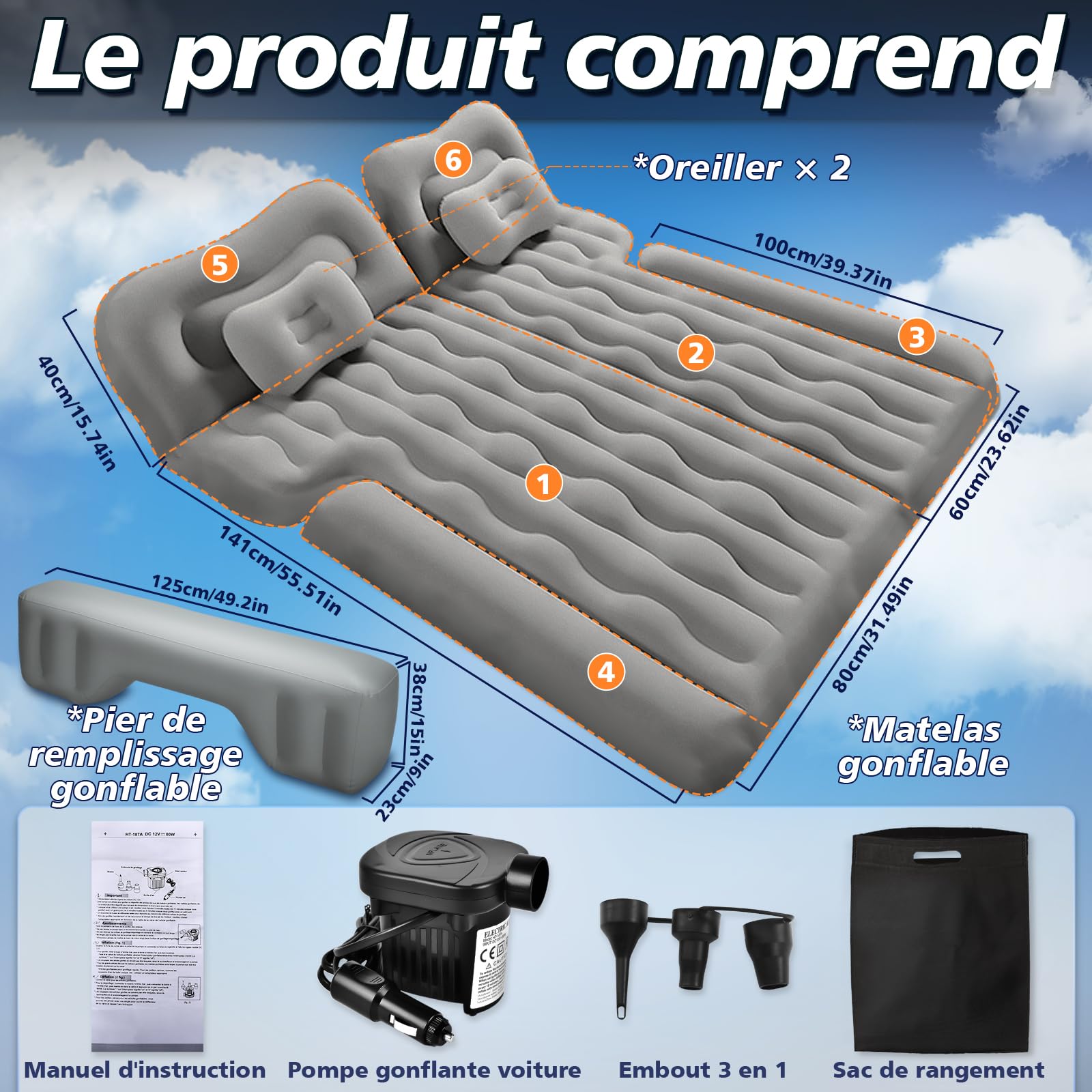 FORMIZON Matelas Gonflable de Voiture, Lit Gonflable pour Siège Arrière, Matelas Pneumatique SUV avec Pompe à Air et Oreillers pour Voyage, Camping, Activités de Plein Air (Gris)