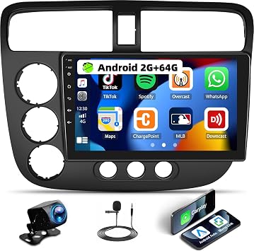 2G+64G Android Car Stereo for Honda Civic 2000-2005 Wireless A-pple CarPlay Android Auto, 9" HD Touchscreen GPS Navigation WiFi EQ Audio Bluetooth 26-UI Mirror Link FM/RDS SWC+ Bakup Camera Mic