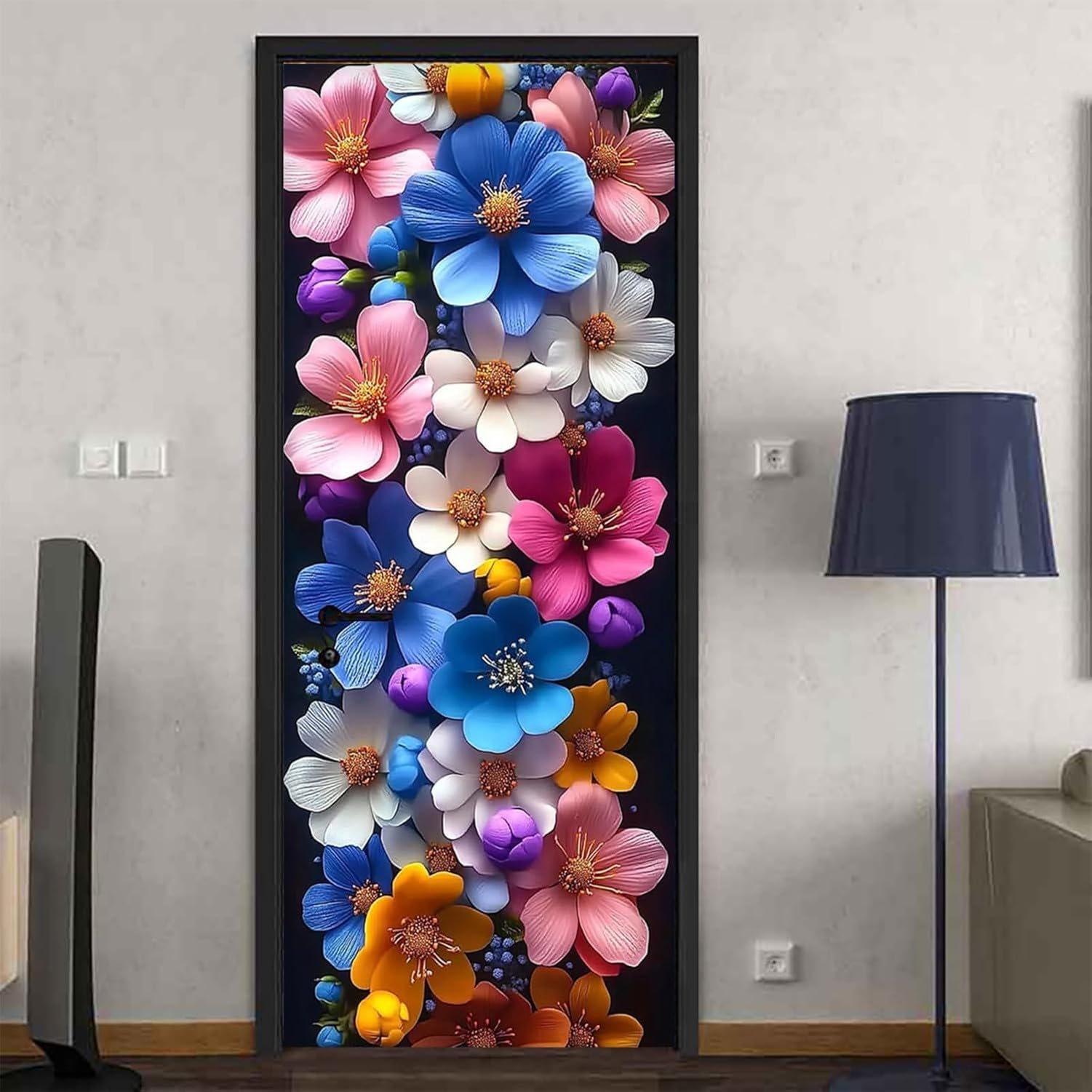 Sticker de porte fleurs bleu rose 3D | Décoration murale adhésive amovible 2 pièces 47,5x215cm