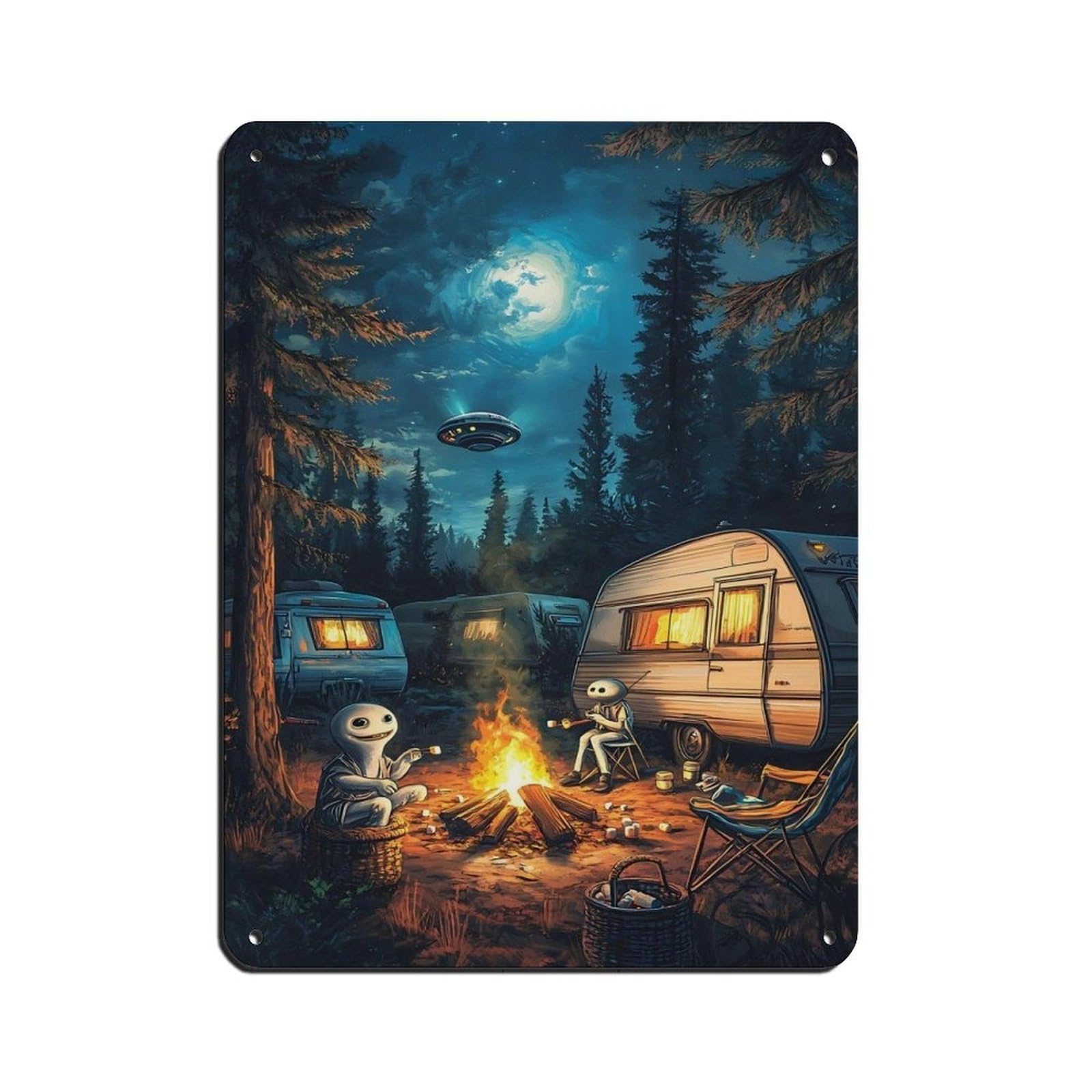 Lxwnze 30L X 40W Cm Alien Campfire,Spaceship Night Forest Tin Sign Vintage Metal Pub Club Cafe Bar Home Wall Art Decoration Poster Retro 12X16inch(30X40cm)