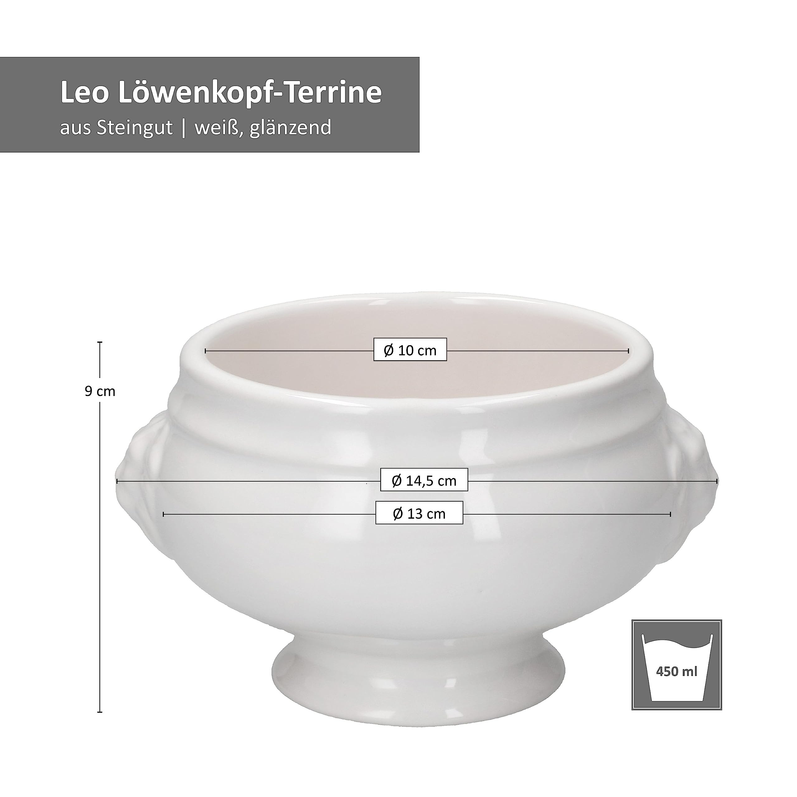 MamboCat 24er Set LEO Löwenkopf-Terrinen I klein - 450ml I Für 24 Personen I Weiße Suppentassen 0,45 Liter I Suppenterrinen mit Löwenköpfen I Suppenschale für Hochzeits-, Erbsen- oder Linsensuppe