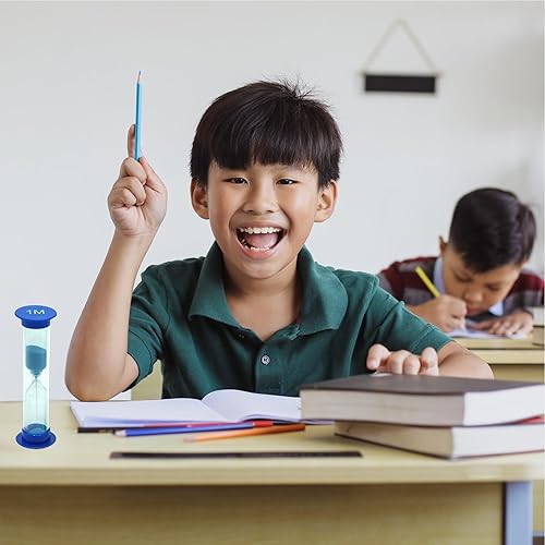 Miniatura 7 de Temporizador de arena para niños, juego de 8 pequeños relojes coloridos de cristal acrílico cubierto de 30 segundos, 1 minuto, 2 minutos, 3 minutos,