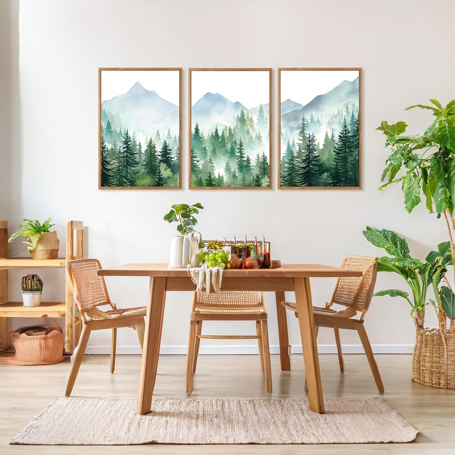 CHDITB Mountain Sun Forest Framed Art Prints(Set of 3, 24”x36”), Boho Watercolor Nature Landscape Canvas Artwork Painting, Abstract Foggy National Park Scenery Poster Decor for Living Room Bedroom