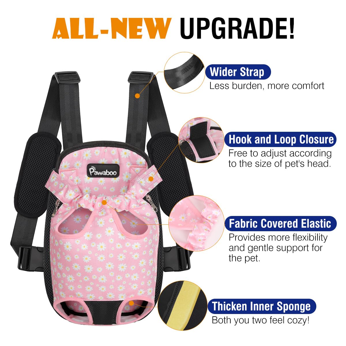 Pawaboo Sac de Transport de Voyage Sac à Dos de Transporteur Ventral Poitrine pour Petit Chien Chiot Chat pour Traveling Hiking Camping etc, Extra Large, Noir & Rose Marguerite