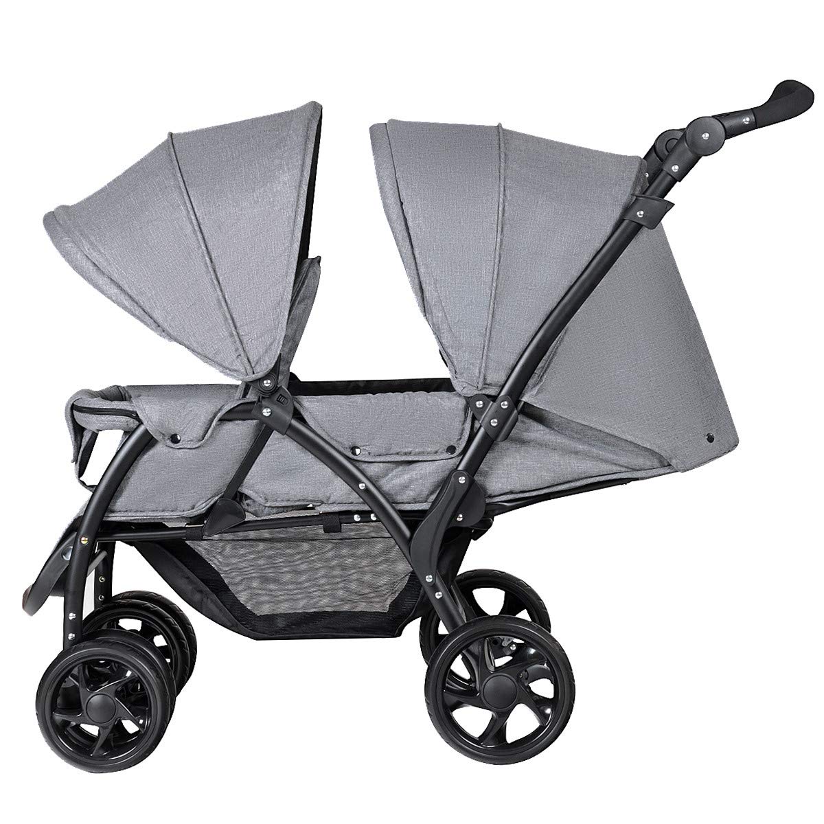 RELAX4LIFE Doppel Kinderwagen Klappbar, Geschwisterwagen mit 5-Punkt Sicherheitsgurten, Buggy Wagen mit Verstellbarem Lenker & Rückenlehne, ab der Geburt Nutzbar bis 15 kg, Grau