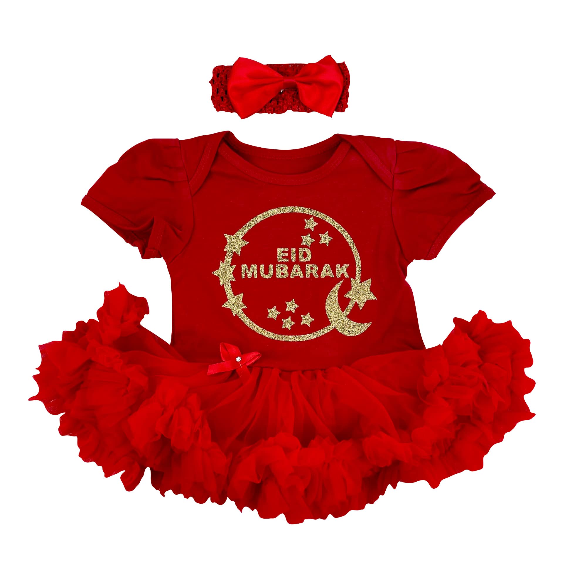 Little Secrets Clothing Women's Red Baby Girls Eid Mubarak Dress, Newborn Baby Eid Tutu Romper Bow Headband, Princess Eid Mubarak Outfit (6-12 Months)
