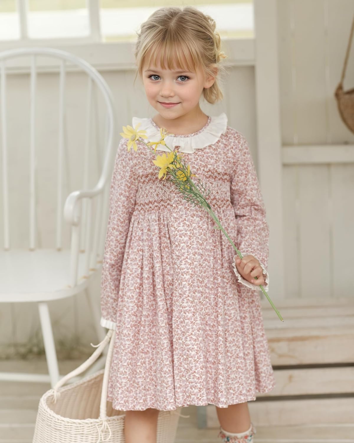 Twoflower Kids Baby Girls Casual Floral Print Dress | Toddler Smocking Long Sleeve Dresses with Ruffle Collar for Holiday - Image 3