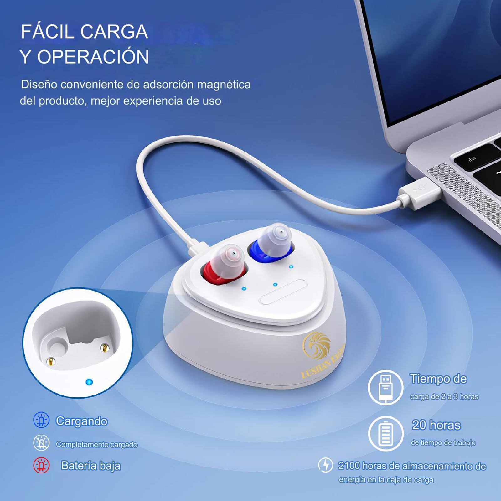 Auriculares Amplificados Auriculares Que Pueden Hacer Que el Sonido Sea más Fuerte, Mini Recargable Oculto en el oído con Chip Digital (Rojo y azul)