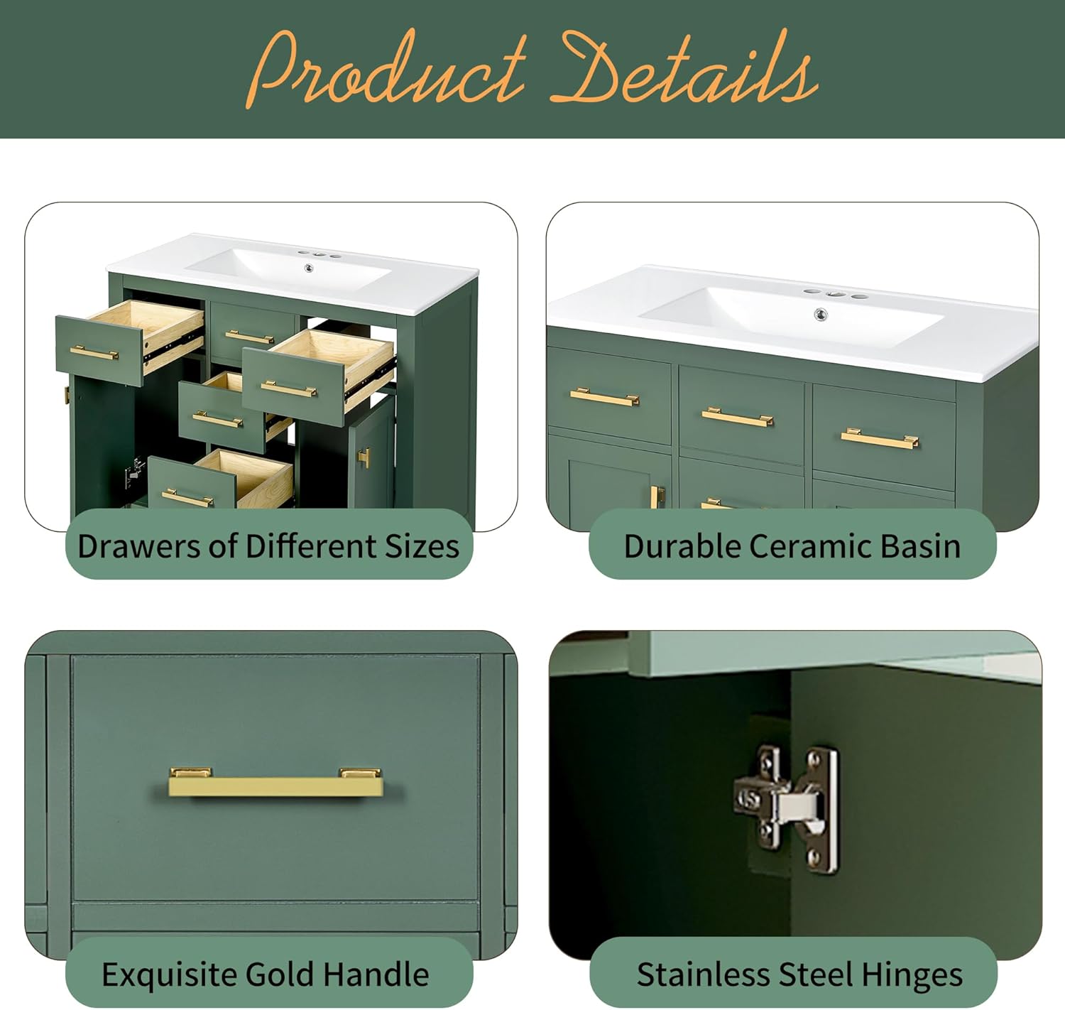 Dancongtea 36 inch Bathroom Vanity with Sink, Freestanding Storage Cabinet with 4 Drawers & 2 Soft-Close Doors, Green