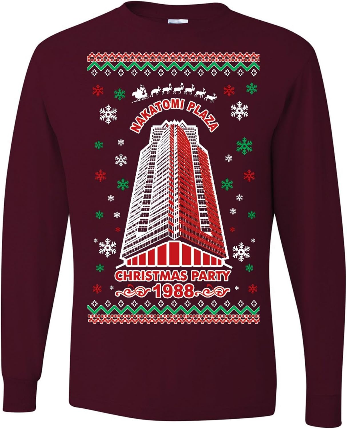 Nakatomi Plaza Christmas Party 1988 RED Logo Ugly Christmas Mens Long Sleeves