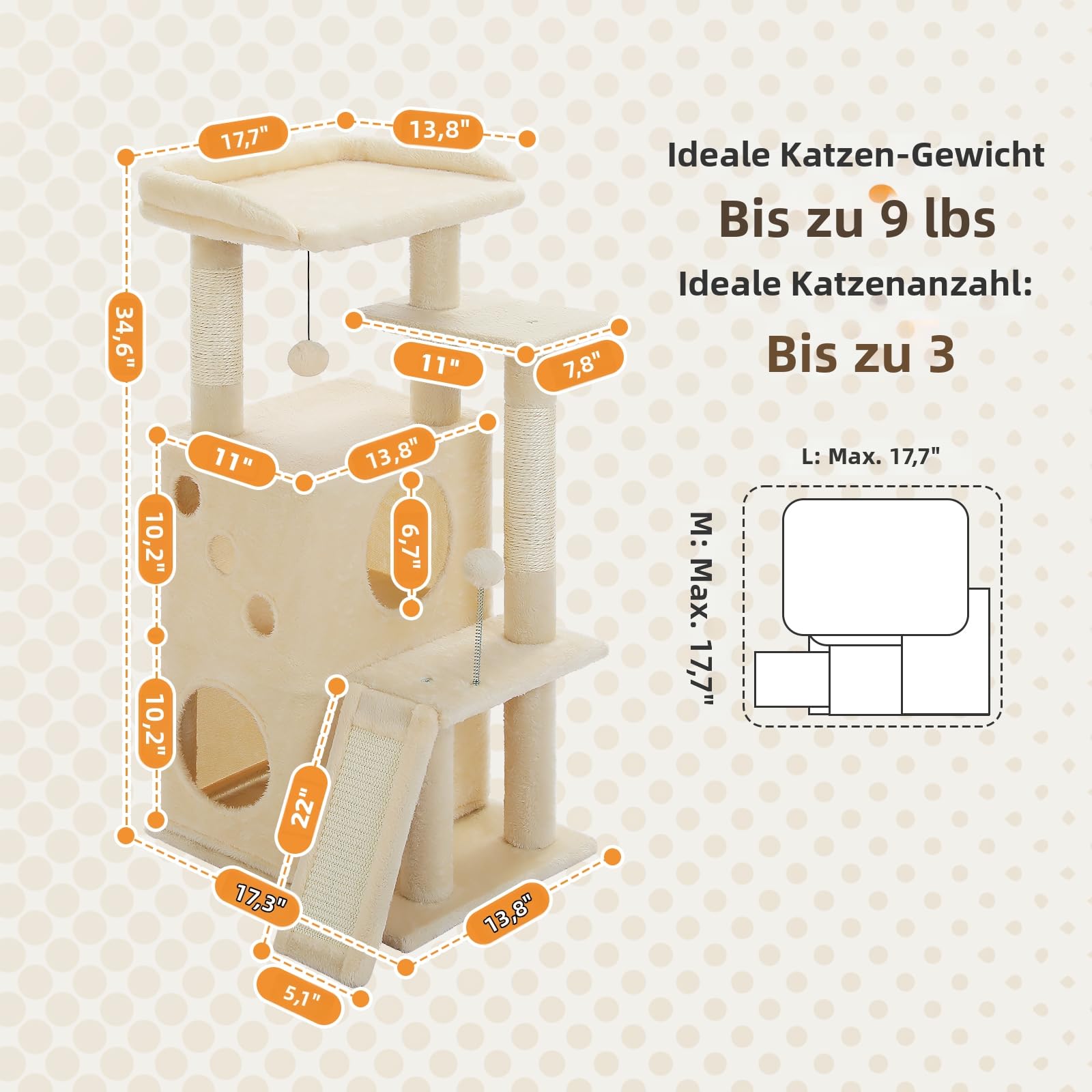 PETEPELA Tiragraffi per gatti da appartamento, 88 cm, con ampia superficie superiore, cuccia privata e colonna tiragraffi in sisal, tappetino tiragraffi per gatti da appartamento, beige