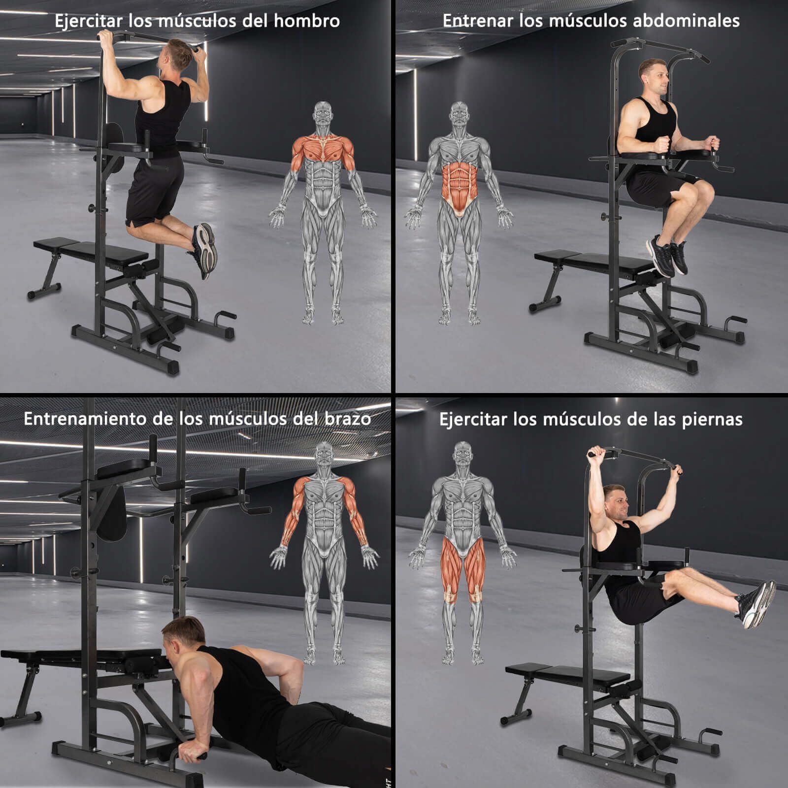 ALLINLIFE Estación de Musculación,Maquina Dominadas Multifuncional,Estación de Dominadas con Banco de musculación Plegable,Máquina de Musculación con Barra de Flexiones y Dips para Gimnasio en Casa