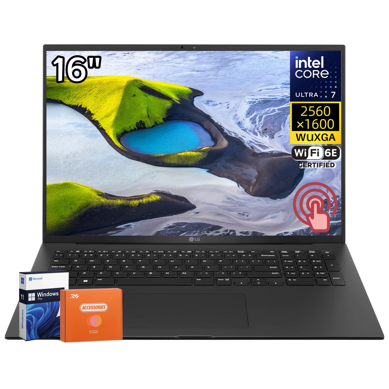 Gram 16 Touchscreen Laptop, AI-Enabled Intel Ultra 7 155H, 16" 2560x1600 WQXGA Touchscreen, Intel Arc Graphics, 32 GB LPDDR5X, 2 TB SSD, WiFi 6E, Bluetooth 5.3, Windows 11 Pro, Accessories