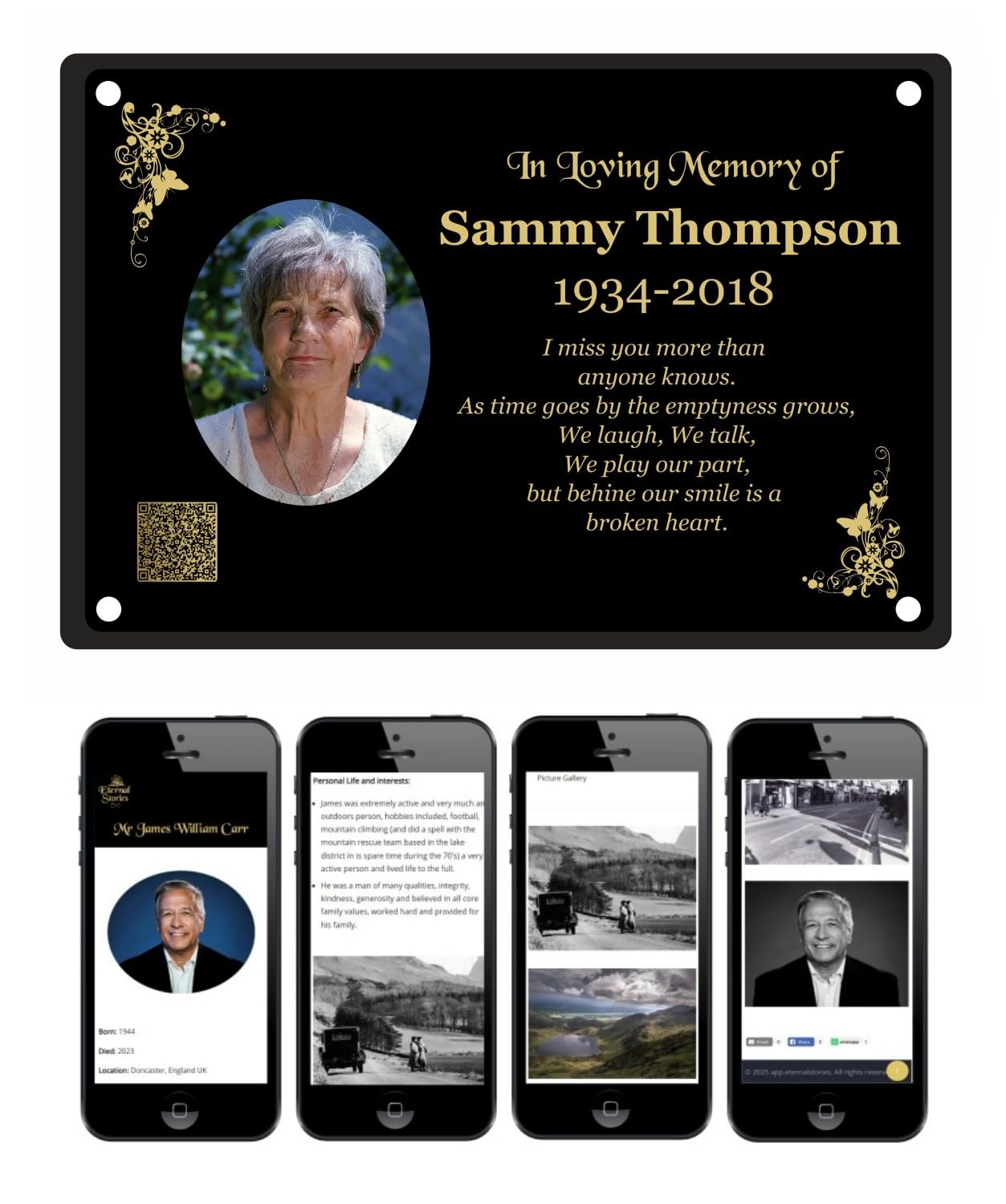 Gluca Black Personalised Memorial Photo Bench Plaque, Engraved Bench Plaques, Engraved Tree Sign, Gold, Silver, Weatherproof, Qr Code, Free Digital Tribute Page (Black)