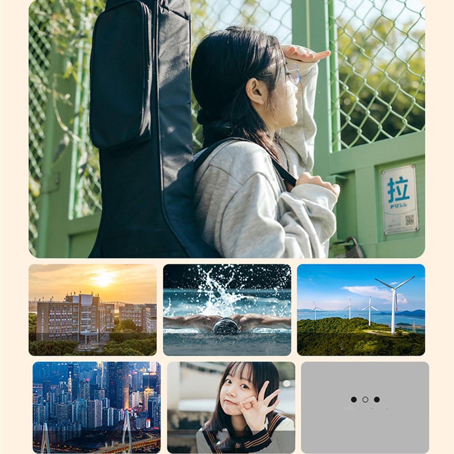A collage of diverse photographs including cityscapes, nature scenes, and portraits, showcasing the camera's ability to capture various subjects.