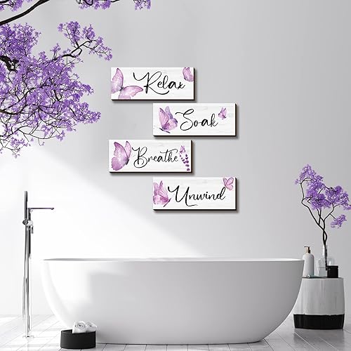 Miniatura 4 de Weysat 4 accesorios de baño morados de 10 x 4 pulgadas, decoración de baño de mariposa para relajarse, remojar y relajarse, decoración de pared de