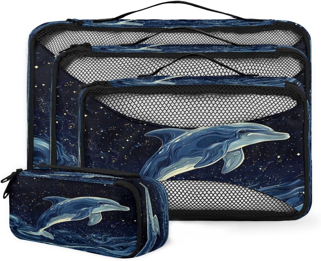Watercolor Ocean Animal Dolphin 4 Set Packing Cubes Packing Cubes for Women Lightweight Travel Essential Bag Clothes Carry on Suitcase Bags for Accessories Essentials