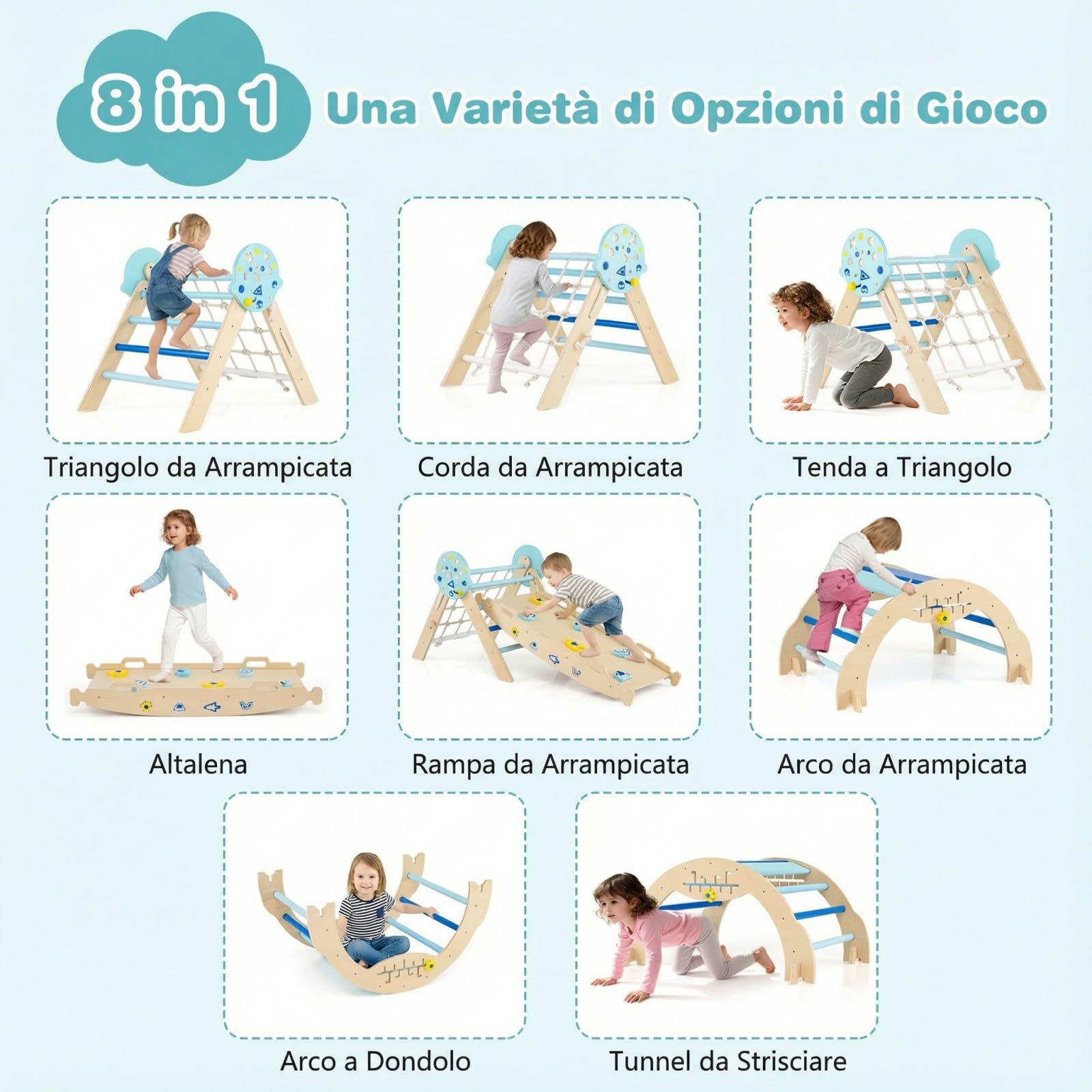 RELAX4LIFE Set da Arrampicata per Bambini, Triangolo di Arrampicata con Scivolo e Arco, Gioco di Incastri in Legno, Gioco Montessori per Bambini 1+ Anni (Astronauta con Rete-3 Pezzi | Blu)