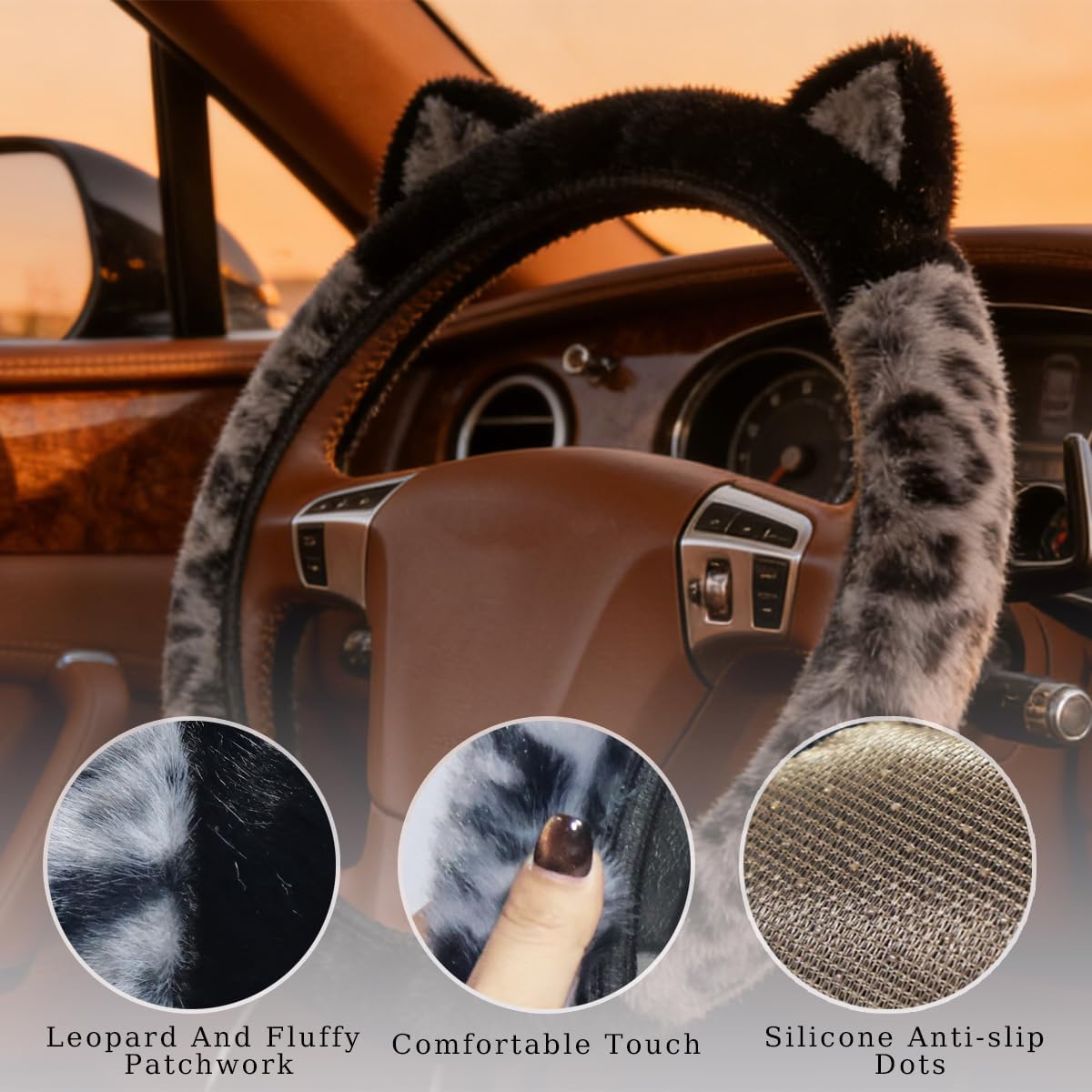 Leopard Fluffy Car Steering Wheel Cover with Keychain 14-15 inch Gray Black | Cute Steering Wheel Covers with Ears Keychain Universal Elastic Steering Wheel Protector Accessories for Women Girls