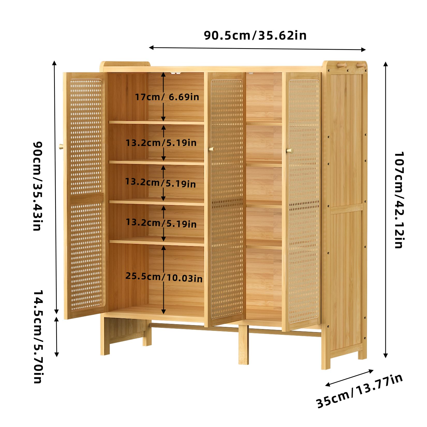 unho Schuhschrank Schuhregal mit 6 Ablagen und 3 Türen, Schuhablage für Flur Diele, Schuhkommode für max 20 Paare High Heels, Sportschuhe, 90,5 x 35 x 107 cm