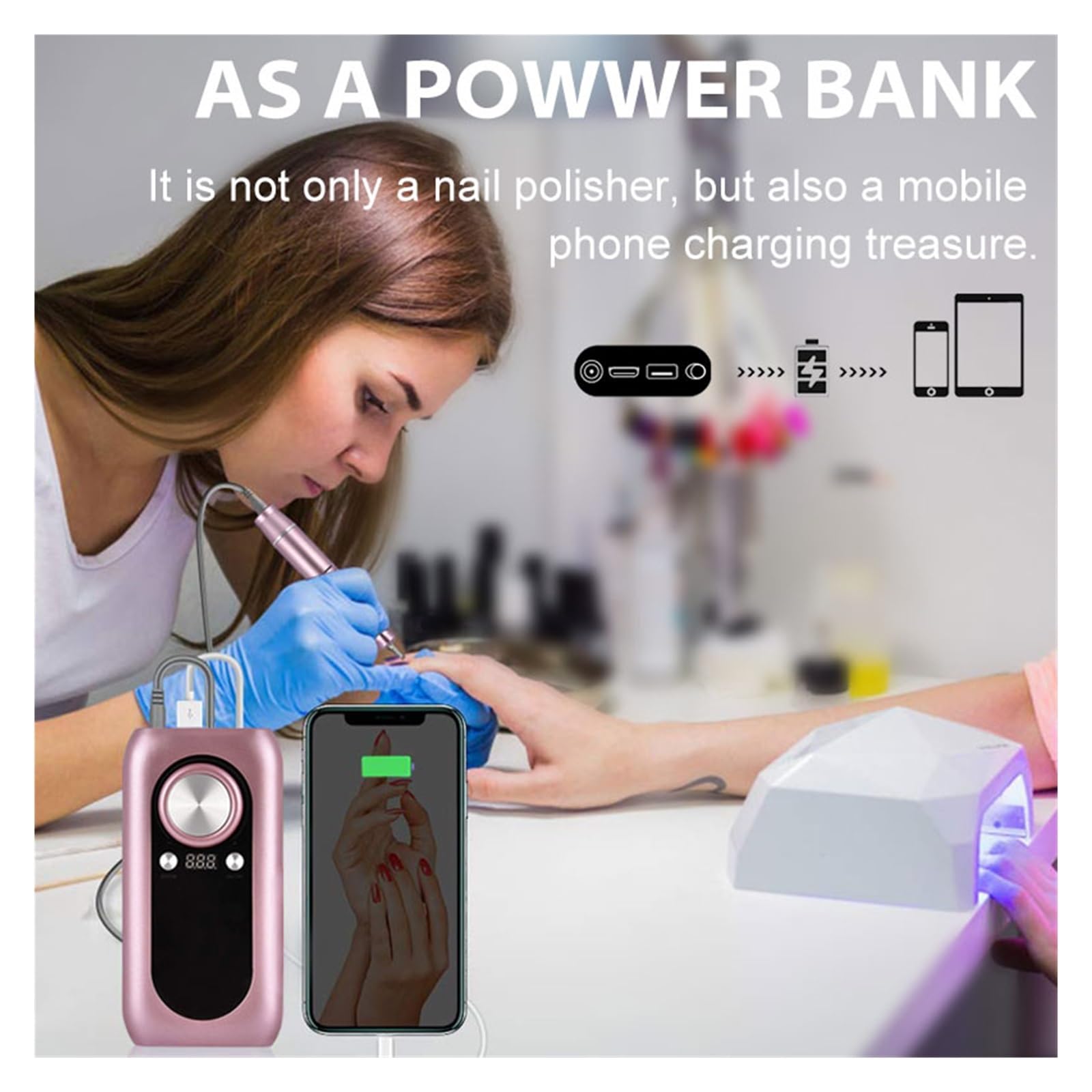 Elektryczna wiertarka do paznokci, 30000 obr./min Pro maszyna manicure, aparat , zestaw pedicure pilnik z obcinaczem narzędzie ,Niskie wibracje(Pink-C)