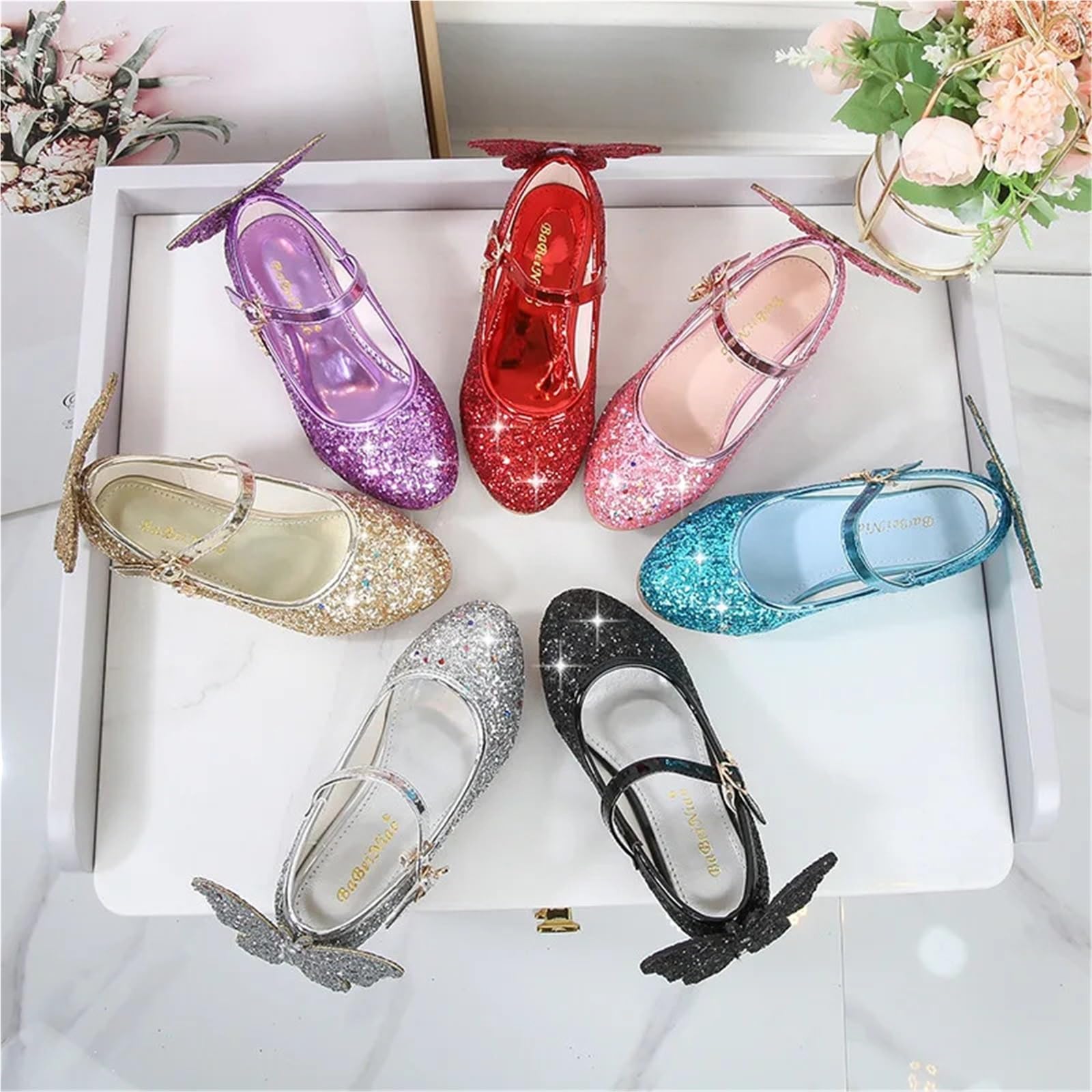 Zapatos de baile con purpurina for niña, de moda, de princesa, mariposa, de cuero, con lazo de diamante, tacón alto, for fiesta(Pink,29)