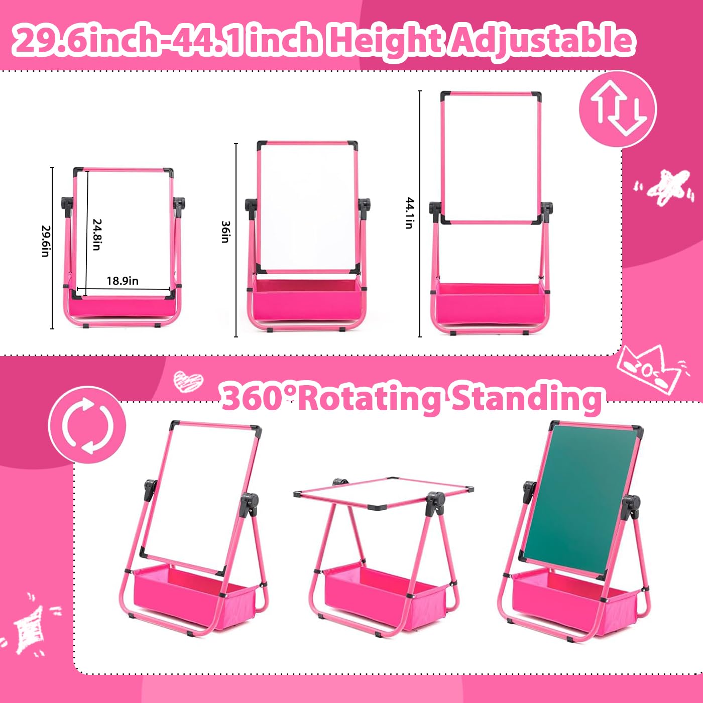 Dawnwake Easel Board for Kids, Kids Iron Art Easel – Double-Sided, Height Adjustable (29.6"-44"), 360° Rotating Whiteboard & Chalkboard, for Ages 2+ (Pink) 3