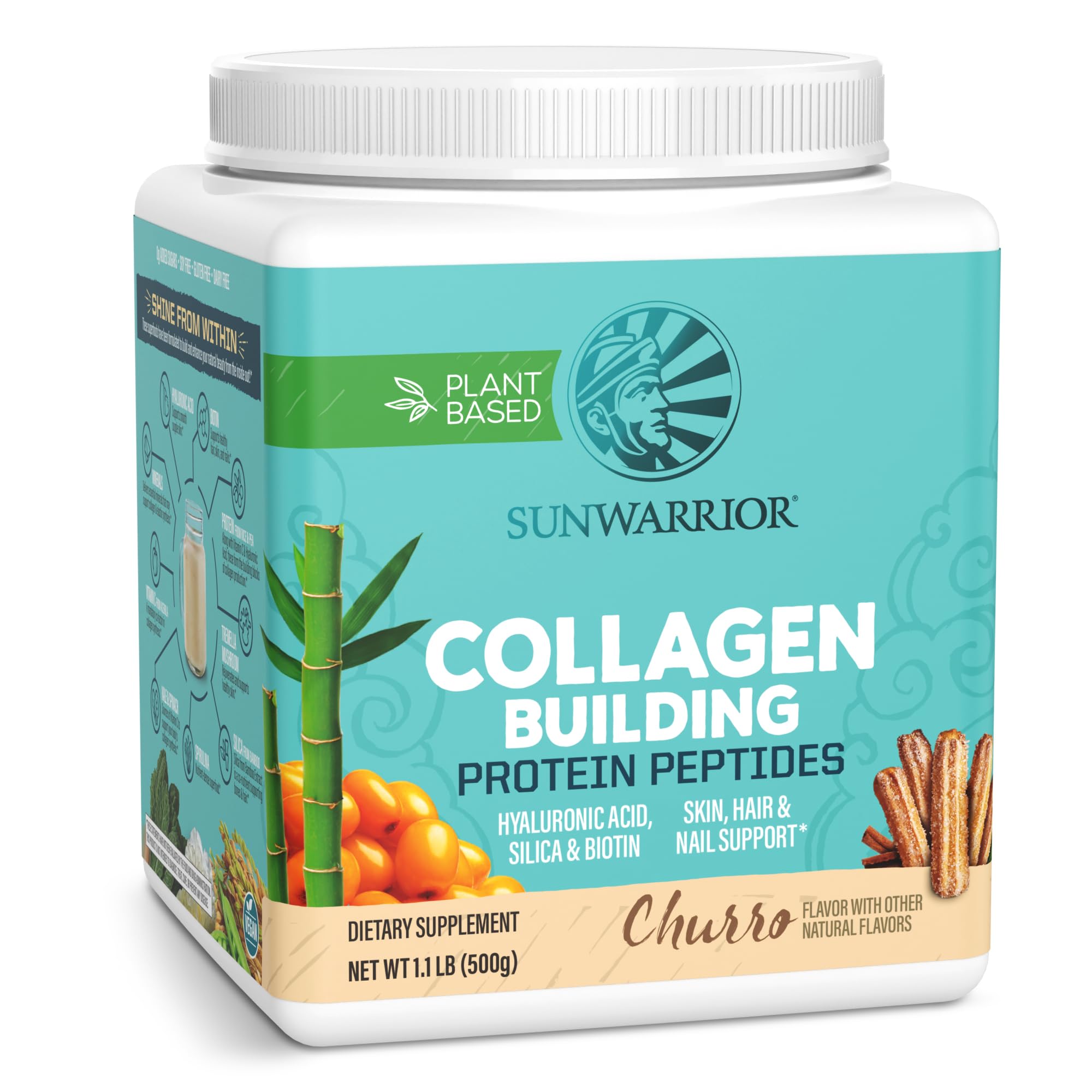 Sunwarrior Vegan Collagen Building Powder Protein Peptide with Biotin Vitamin C Hyaluronic Acid Collagen Protein Powder for Hair Skin Nail Dairy Free Gluten Free | Churro Collagen Powder 20 SRV 500 G