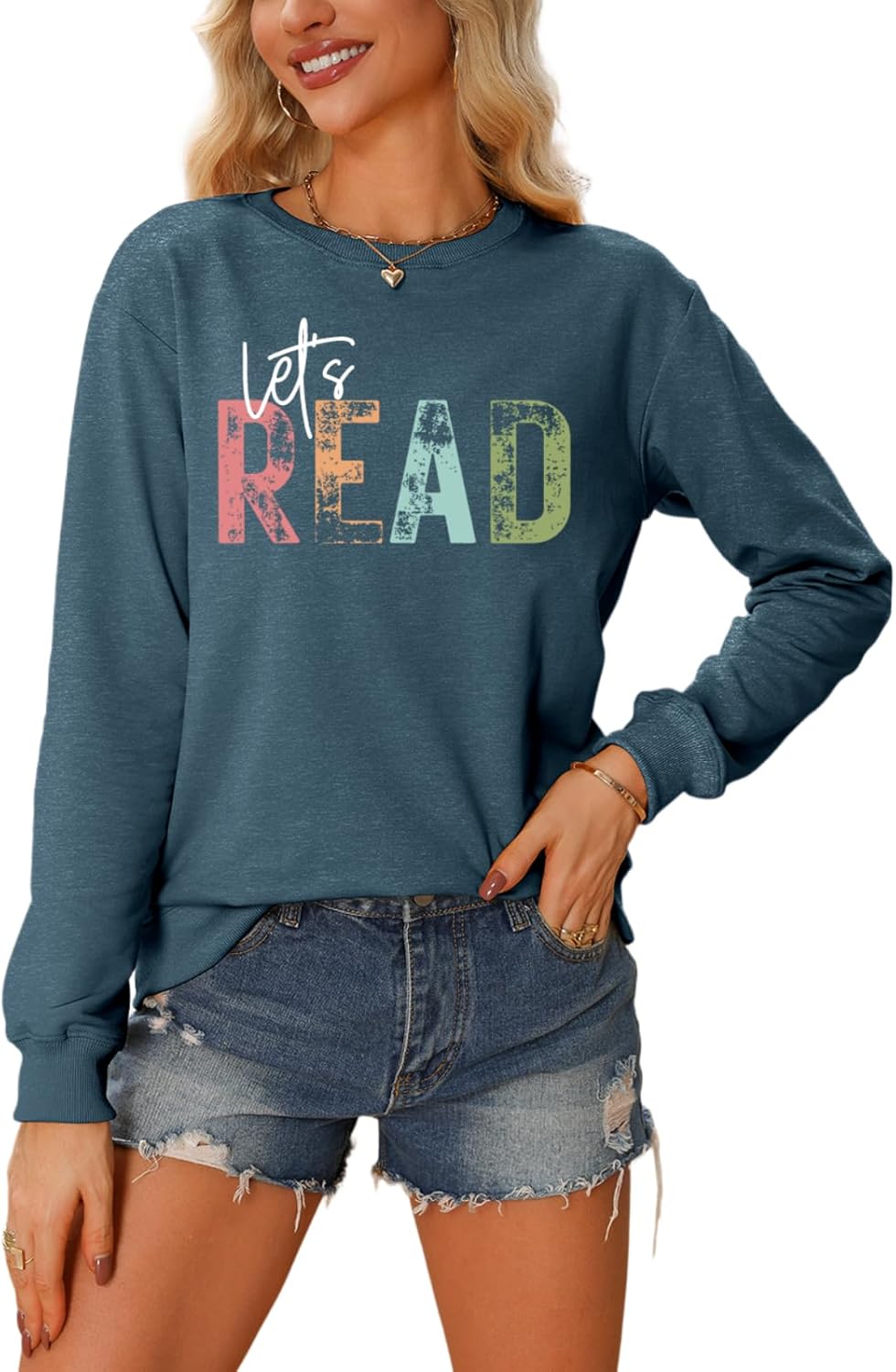 Reading Book Sweatshirt Women Let's Read Graphic Long Sleeve Shirts Teacher Book Lover Bookish Pullover Tops - Image 2