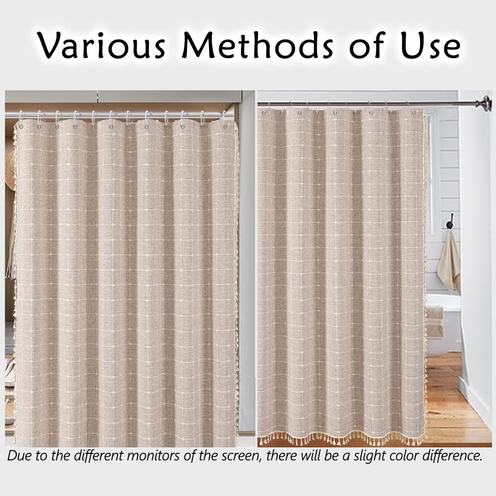 ggaimwf Farmhouse Brown Shower Curtain Bohemian Shower Curtain for Bathroom Rustic Polyester Linen Fabric Thick Bathroom Curtain Set including Tassels 72x72 Inch - Image 3