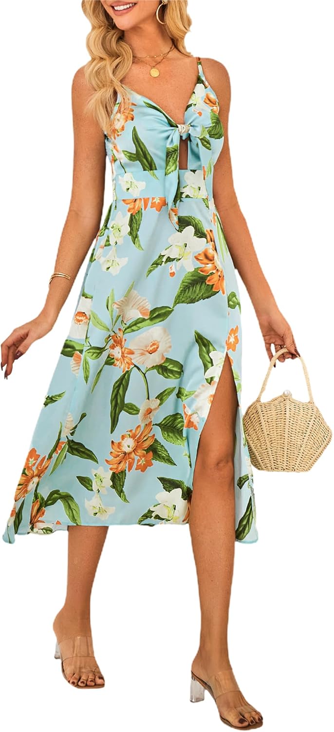 Fashionme Women Spaghetti Strap Midi Satin Dresses Tie Front Backless Slit Cutout Dress Semi-Formal/Casual Flowy Lightweight