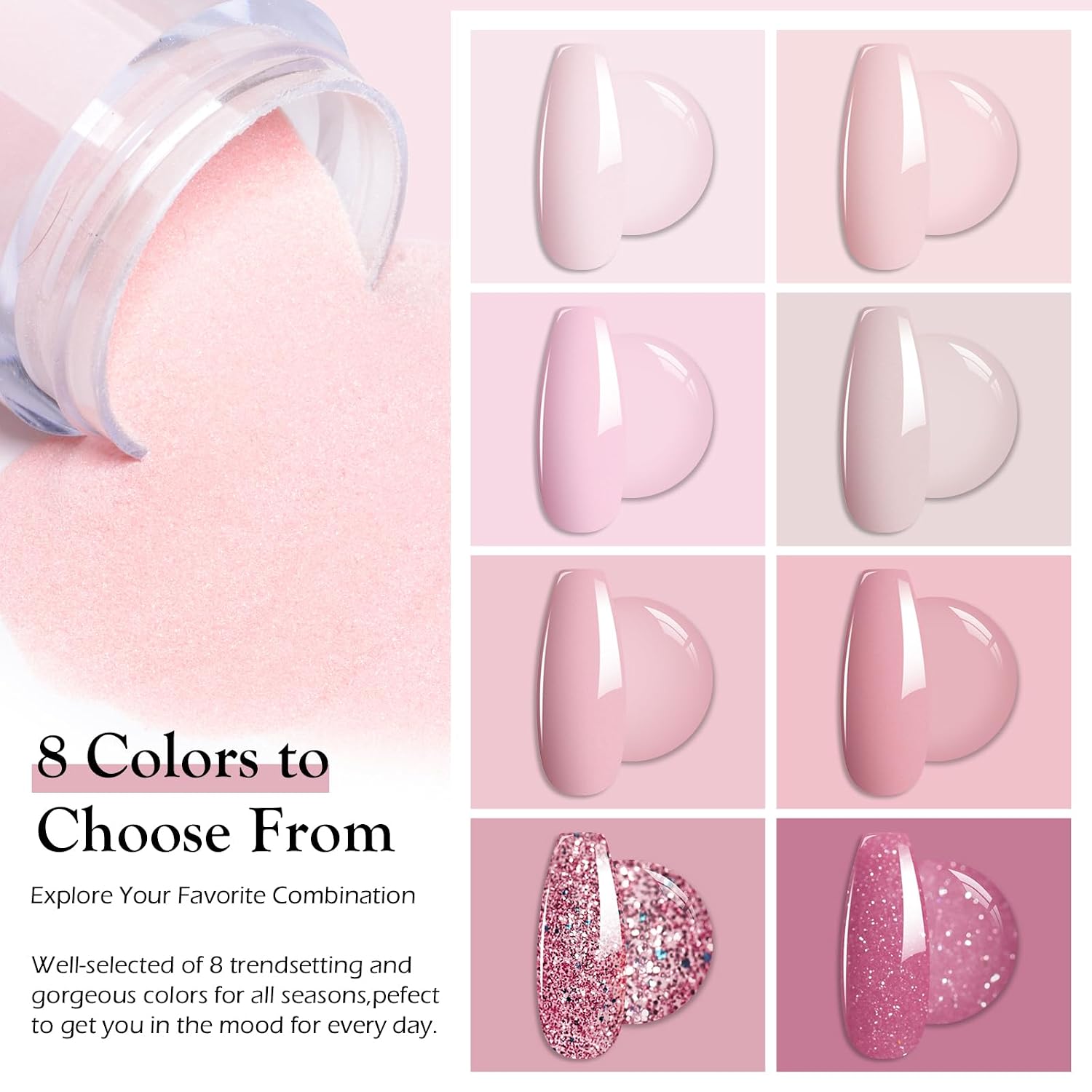 MTSSII Dip Nail Powder Kit 8 Color Powder Refill Set Nail Dip nail Kit with Nail File&Brush Nail Dip Kit No UV/LED Lamp Needed (Pink-2)